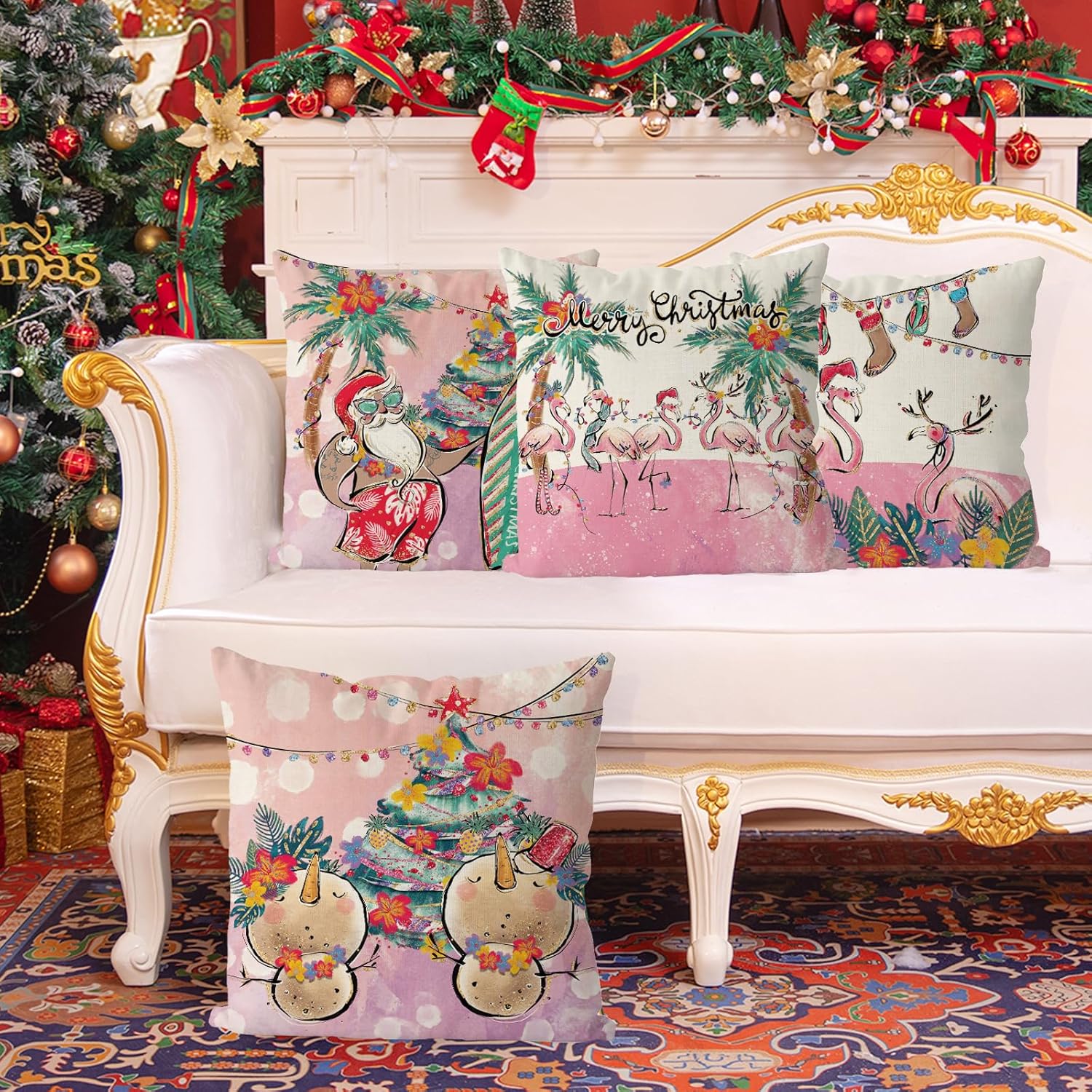 GAGEC Juego de 4 fundas de almohada de Navidad de 18 x 18 pulgadas, fundas de almohada hawaianas de Papá Noel, muñeco de nieve rosa, Navidad,