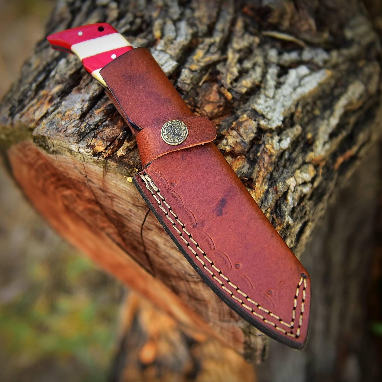 Cuchillo de caza de Damasco hecho a mano de 8 pulgadas, cuchillo de caza de hoja fija con funda de cuero, cuchillo de damasco de hoja fija con mango