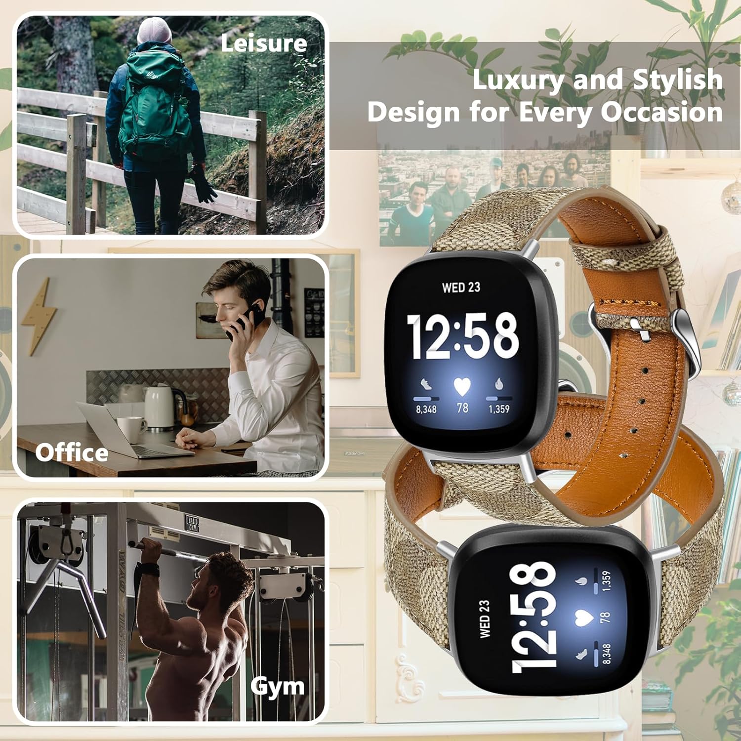Correas de cuero compatibles con Fitbit Versa 4Versa 3Sense 2Sense, para mujeres y hombres, correa de repuesto de cuero de diseñador (marrón)