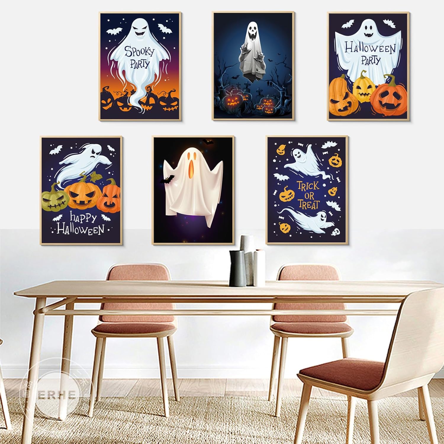 CEKEIOLMLW Póster de fantasma, arte de pared de Halloween, divertido y espeluznante estampado de calabaza iluminada, decoración de pared de