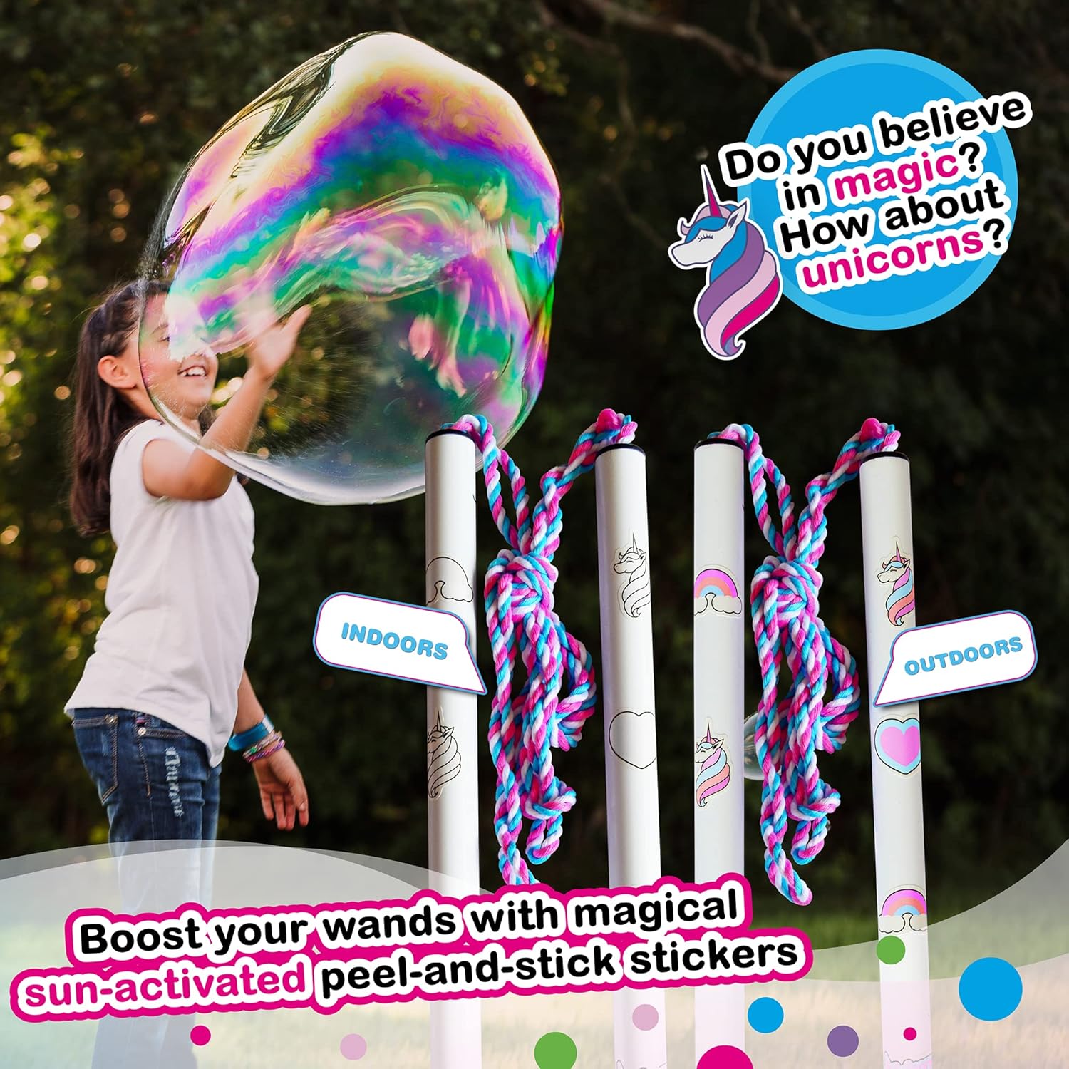 WOWMAZING – Kit de burbujas gigantes Unicornio, incluye varita, 2 bolsas de concentrado de burbujas grandes y 8 calcomanías mágicas activadas por