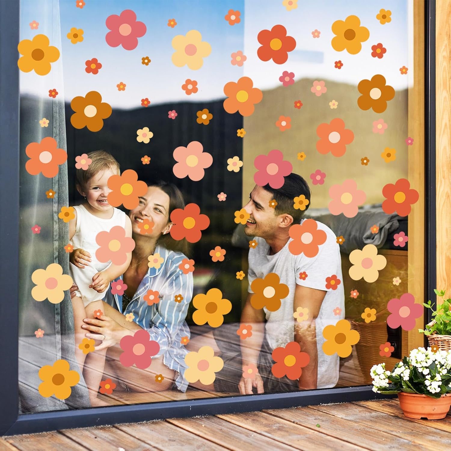 Whaline 9 hojas de calcomanías bohemias para ventana, diseño de flores hippie retro groovy, retro, para ventana, de doble cara, coloridas flores,
