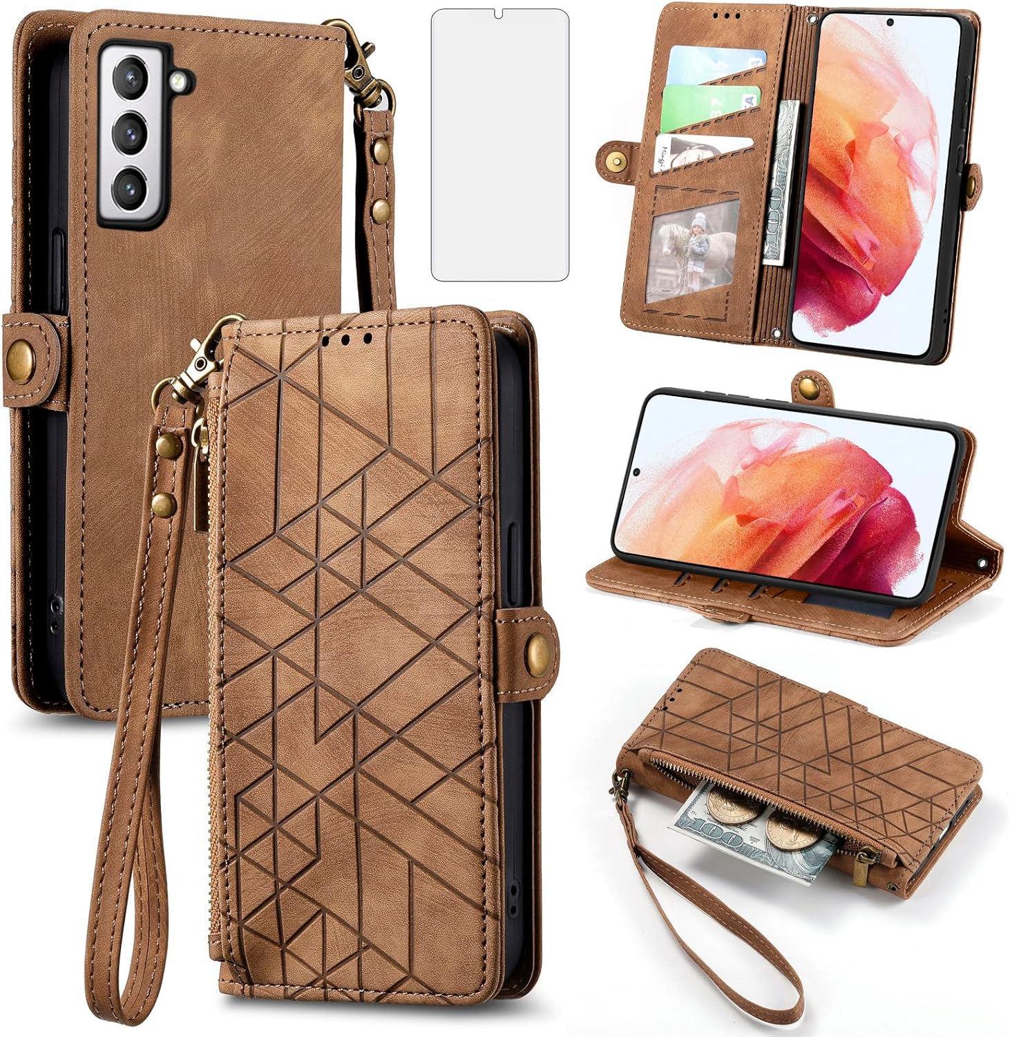 Asuwish Funda de teléfono para Samsung Galaxy S21 5G de 6.2 pulgadas con protector de pantalla de vidrio templado y correa para la muñeca de cuero