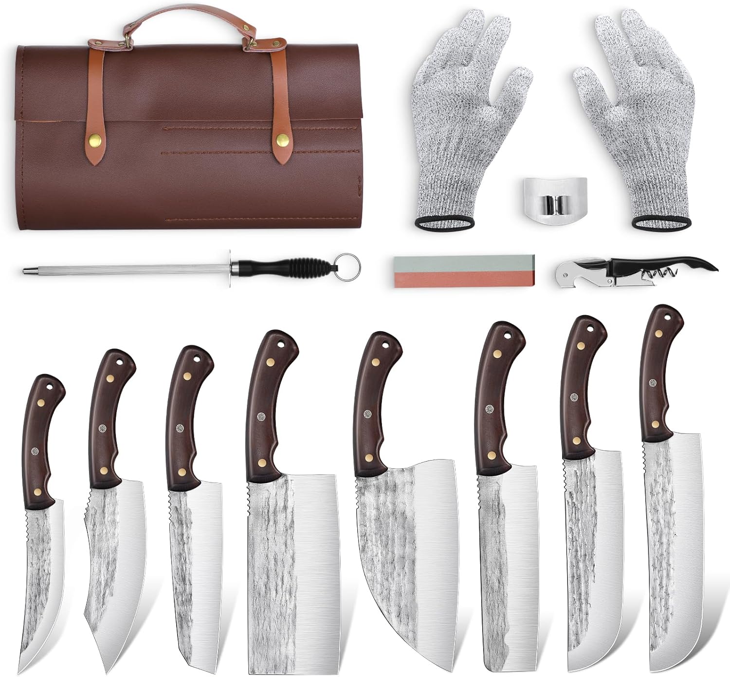 TIJERAS Juego de cuchillos de carnicero de 14 piezas para cortar carne, juego de cuchillos de chef japonés de primera calidad con bolsa para