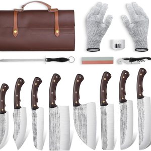 TIJERAS Juego de cuchillos de carnicero de 14 piezas para cortar carne, juego de cuchillos de chef japonés de primera calidad con bolsa para TIJERAS Juego de cuchillos de carnicero de 14 piezas para cortar carne, juego de cuchillos de chef japonés de primera calidad con bolsa para