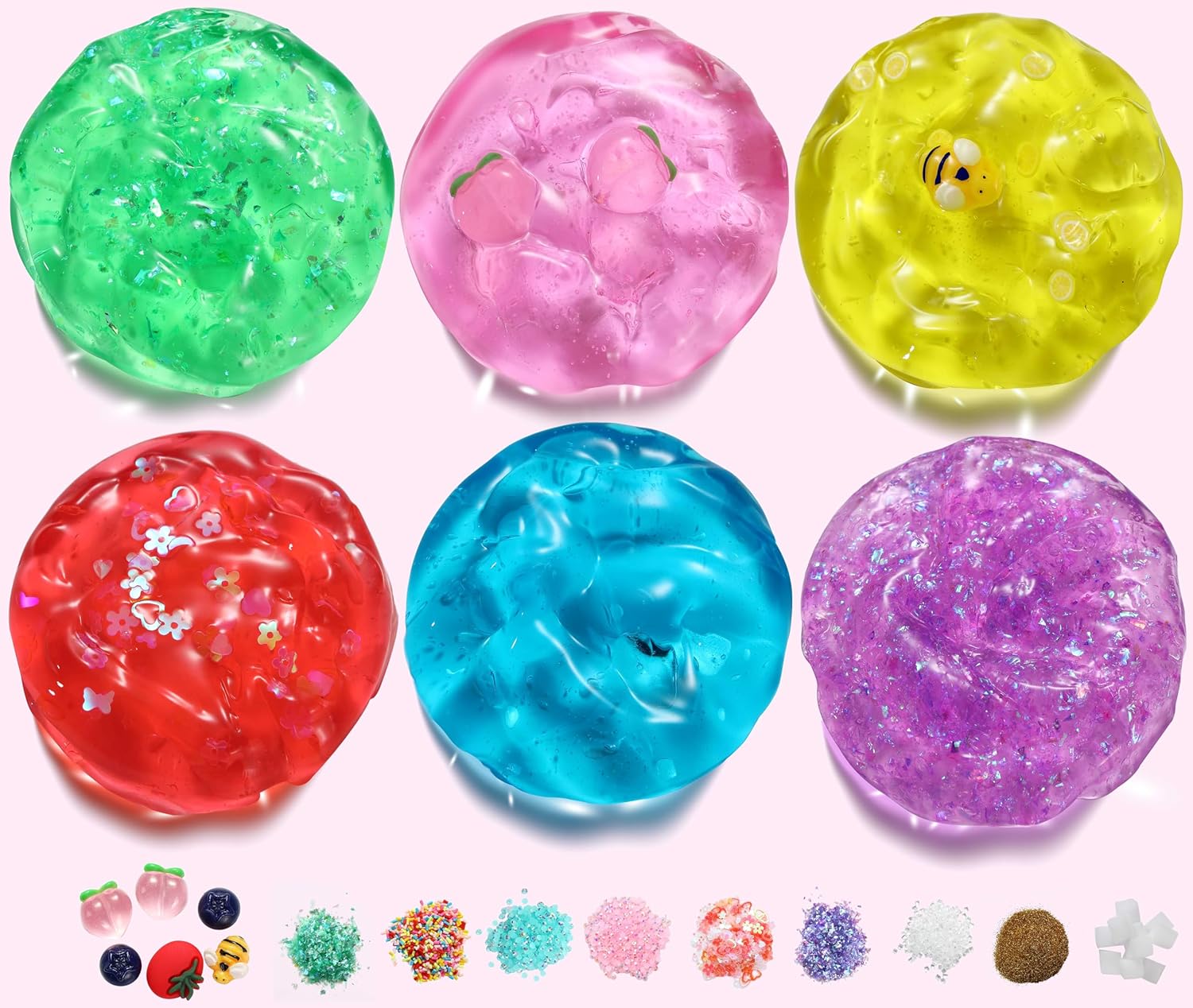Kit de limo de cristal transparente para niñas de 10 a 12 años, cubo de gelatina rosa melocotón, limo crujiente, amarillo, morado, verde y azul,