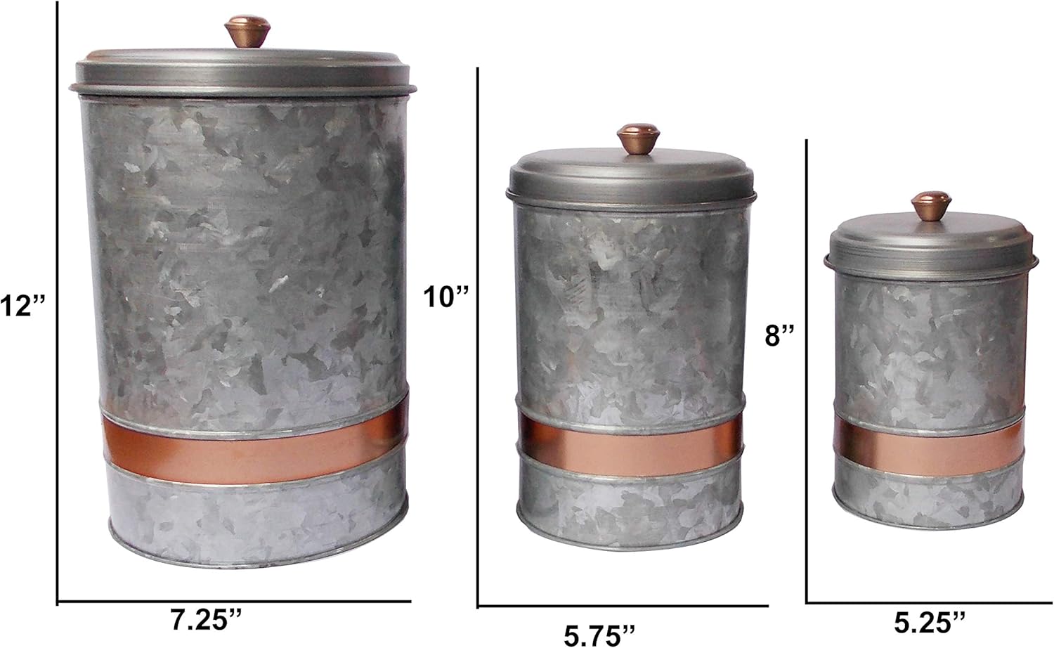 Benzara AMC0014 Recipiente con tapa de metal galvanizado con banda de cobre, juego de tres, gris