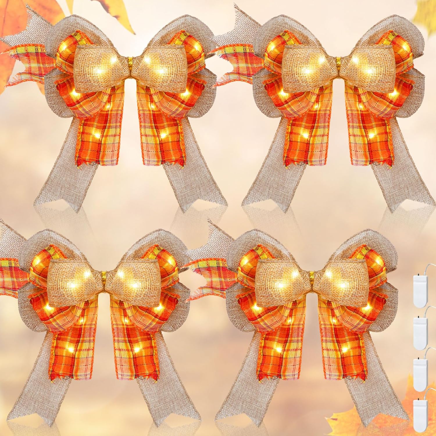 4 lazos LED de otoño para coronas, lazo de arpillera a cuadros de búfalo naranja con luces LED, lazos de Acción de Gracias para decoración de árbol,