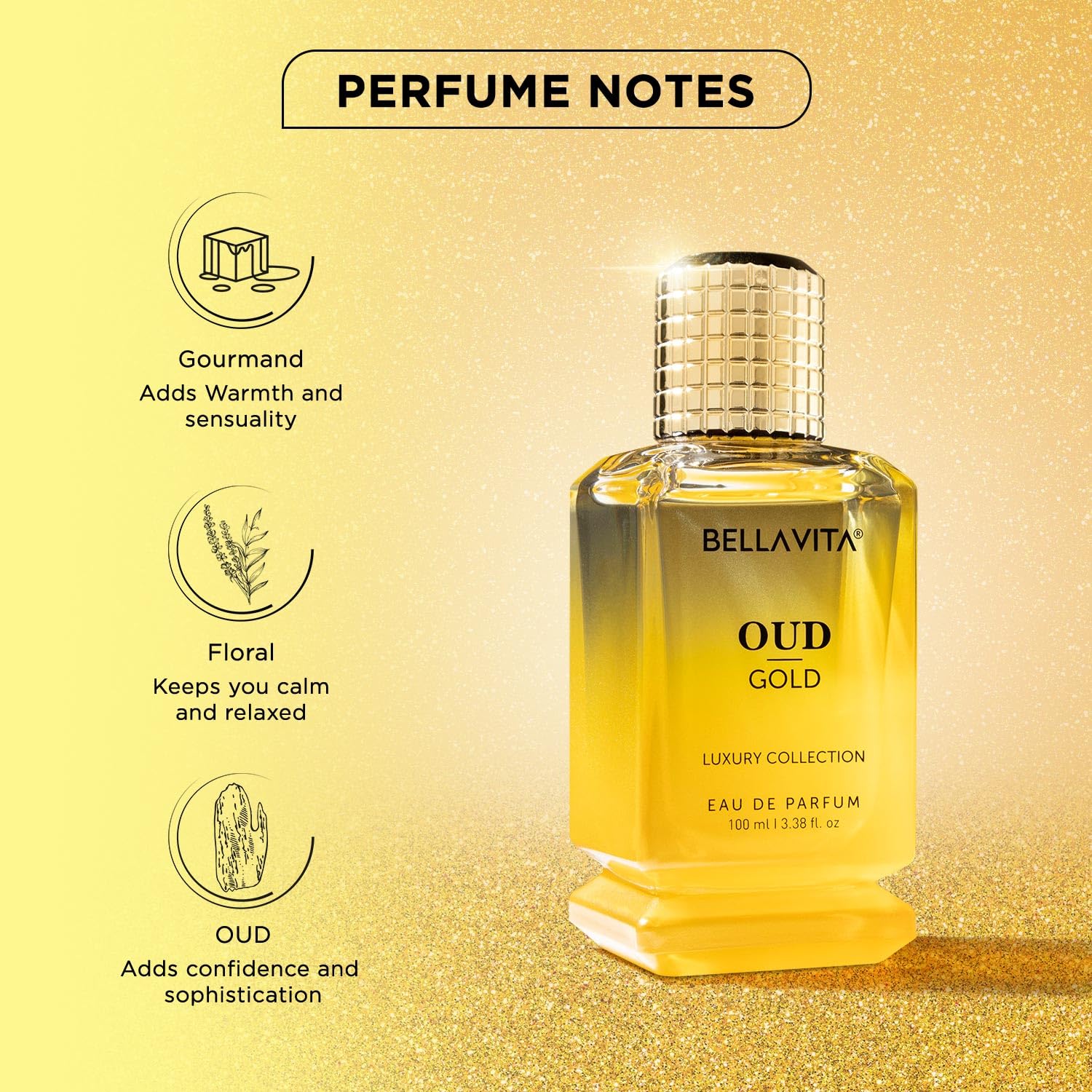 OUD GOLD Eau De Parfum (3.38 onzas líquidas)  Perfume árabe intenso para mujeres y hombres  Notas caramelo, orris, rosa, jazmín  Familia amaderado,