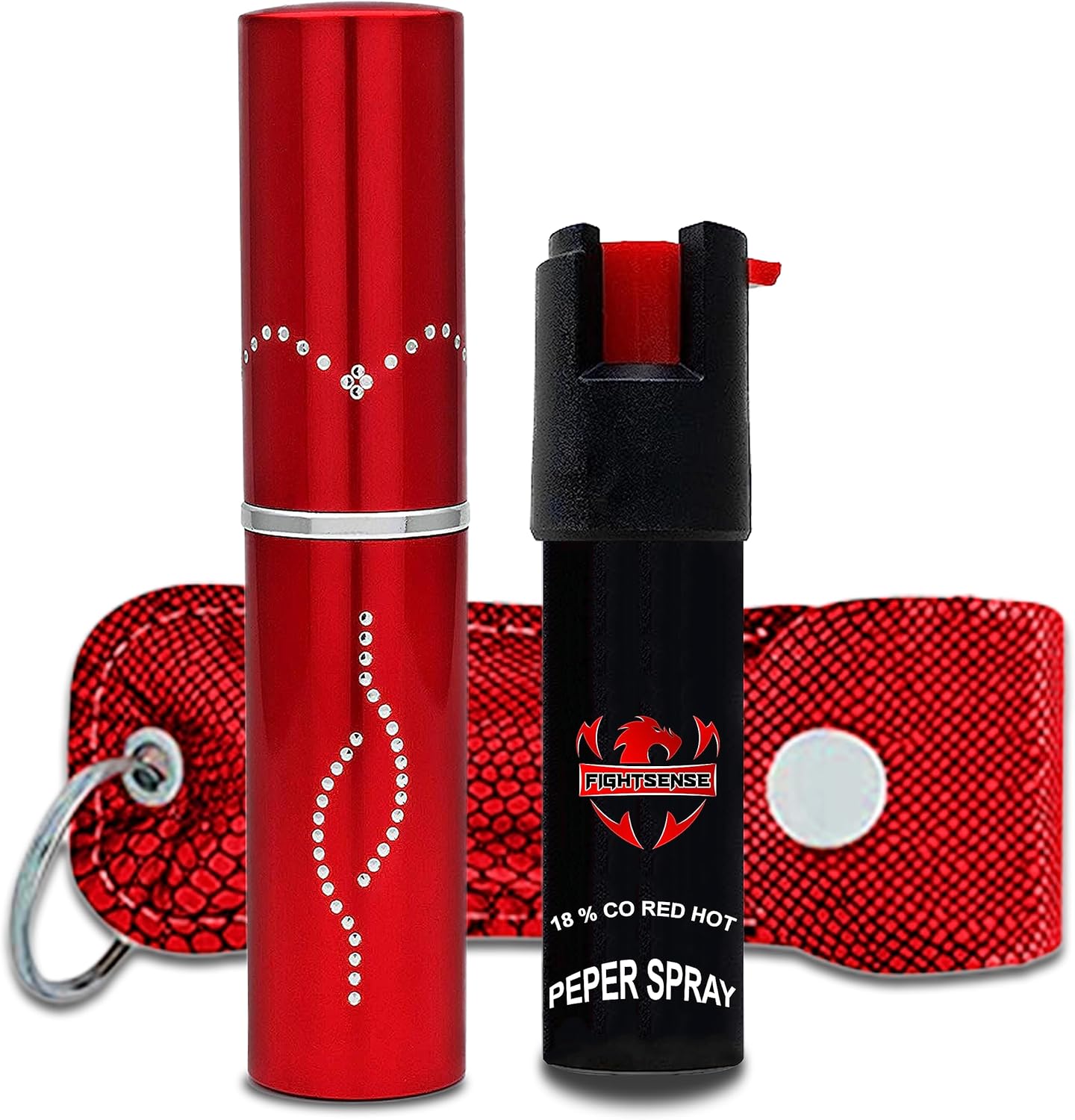 FIGHTSENSE Kit de defensa personal para mujer, spray de pimienta y linterna de lápiz labial de autodefensa, batería recargable, llavero bolsa de