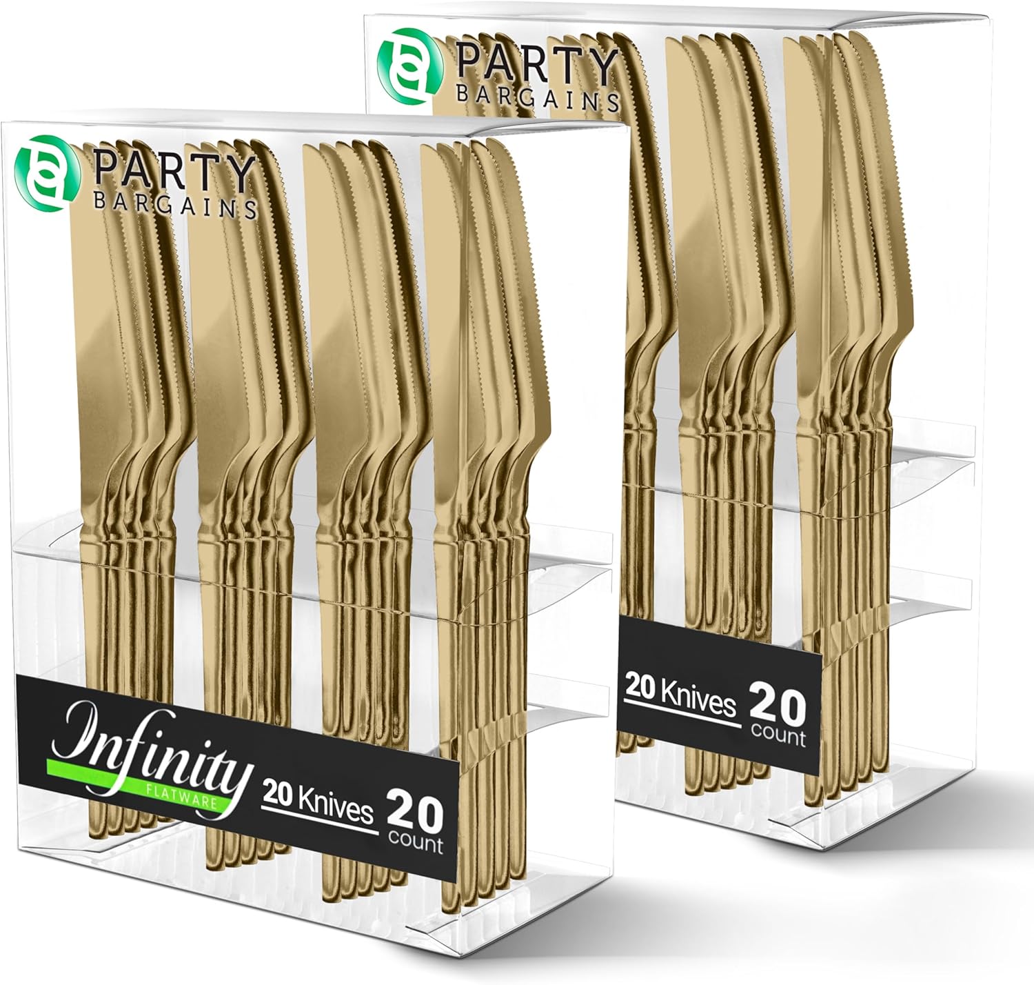PARTY BARGAINS Cuchillos desechables de plástico, paquete de 40 unidades, dorado, diseño moderno infinito, cubiertos de cocina, perfectos para