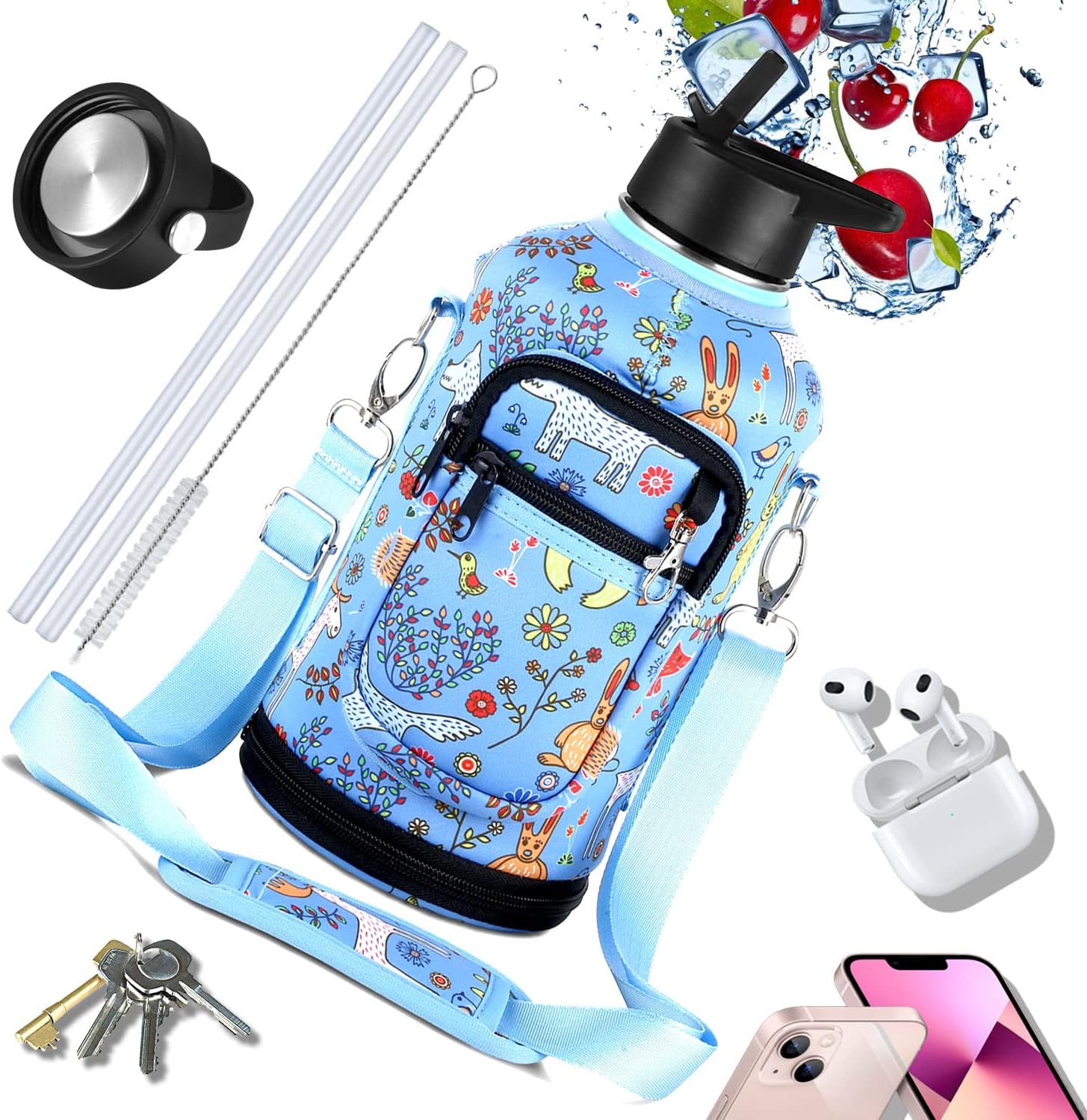Botella de agua grande de medio galón64 onzas aislada con popote, funda y 2 tapas, jarra de agua de acero inoxidable con boca ancha, termo de metal