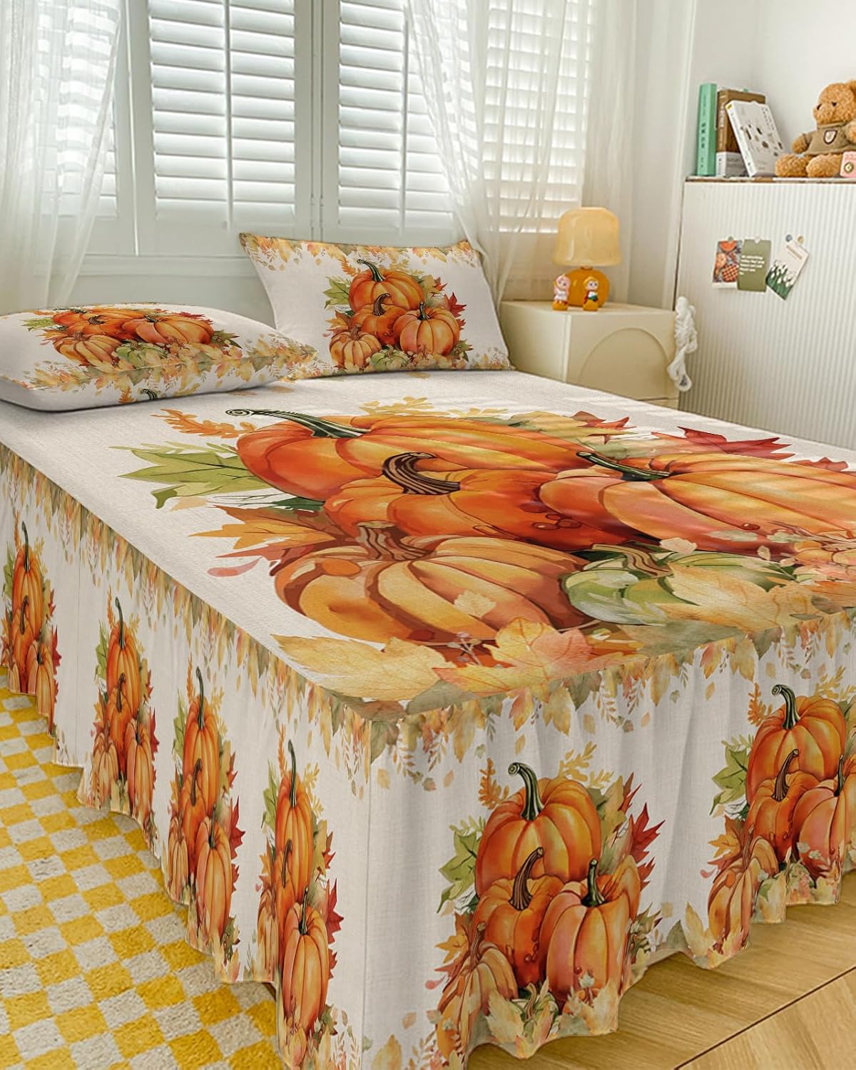 Faldas de cama de calabaza de otoño de Acción de Gracias, tamaño matrimonial de 18 pulgadas de caída, falda de cama envolvente, con volantes, colcha