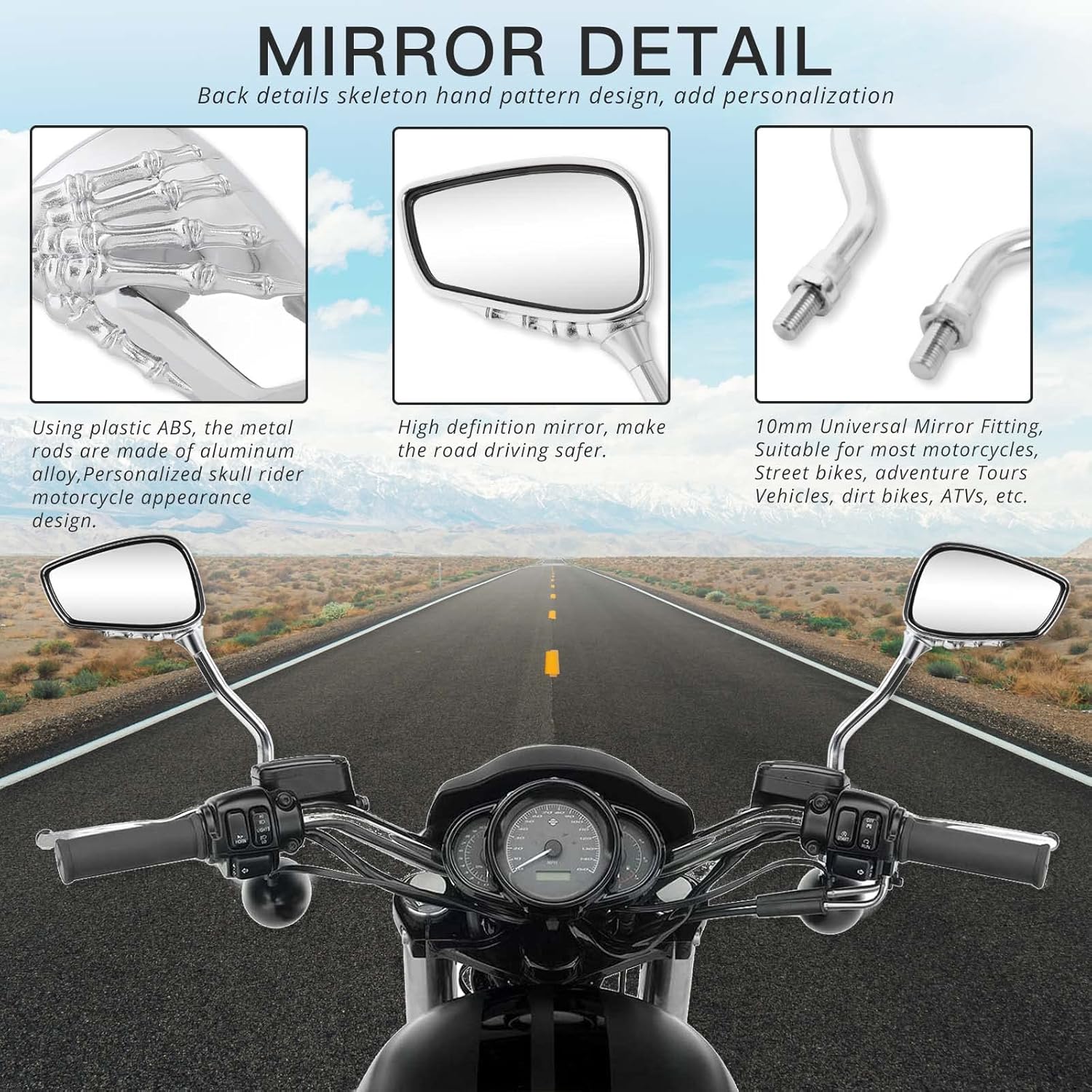 DREAMIZER 8MM 10MM motocicleta retrovisión lateral espejos cráneo esqueleto mano garra cromo espejo manillar