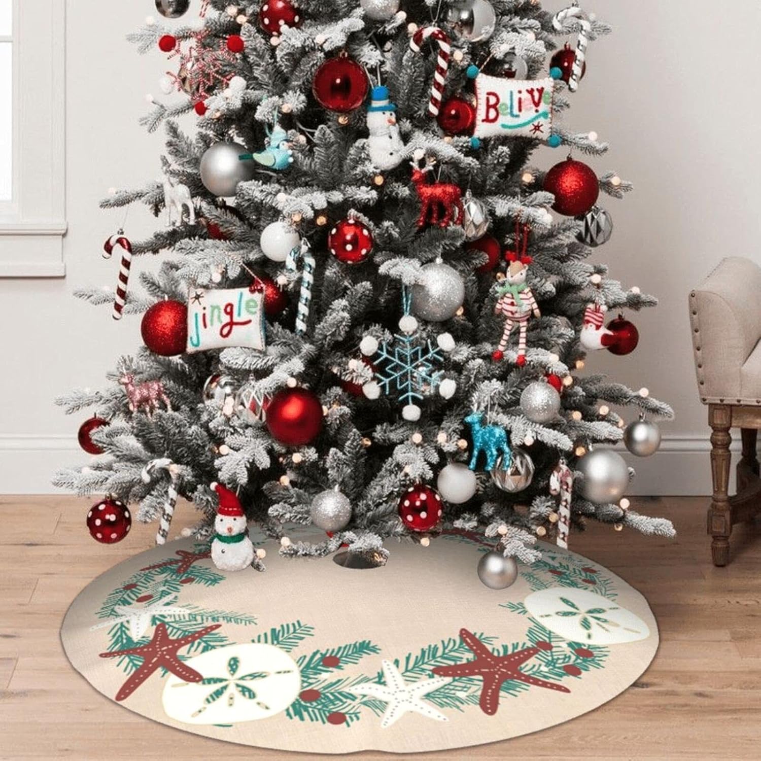 Falda de árbol de 30 pulgadas, estilo costero, rústico, playa, Navidad, vacaciones, decoración de estrellas de mar para fiestas, interiores y