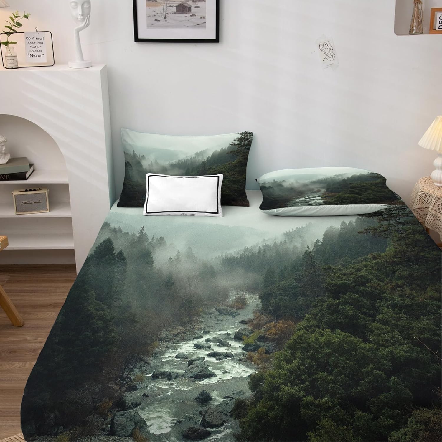 Misty Forest Sábanas Split King para cama ajustable, sábanas de paisaje, sábanas estampadas y juego de 5 piezas, microfibra suave con bolsillo