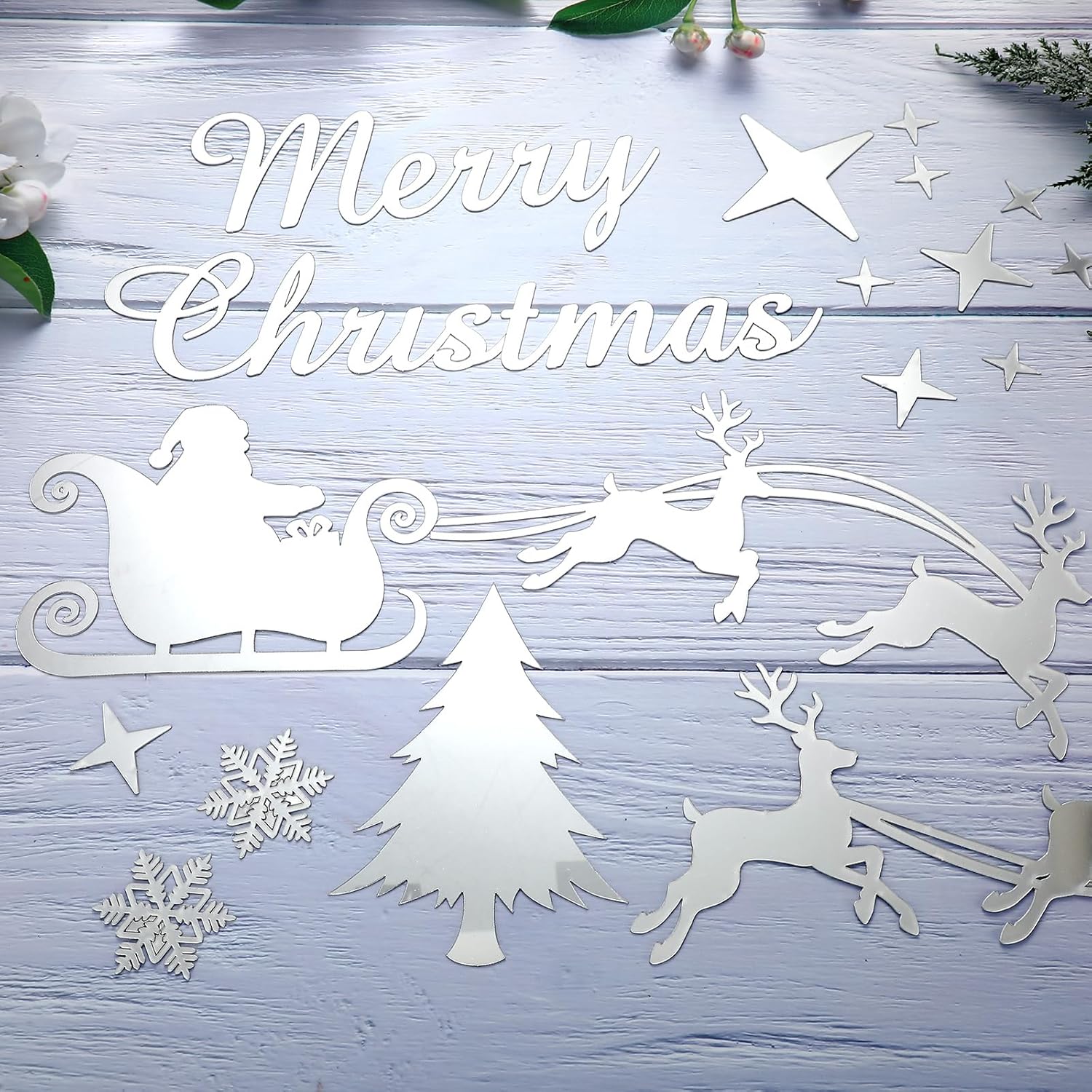 Calcomanías de pared de espejo de Navidad, Feliz Navidad, Papá Noel, reno, copos de nieve, espejo de ventana, se adhiere a la pared, calcomanías de