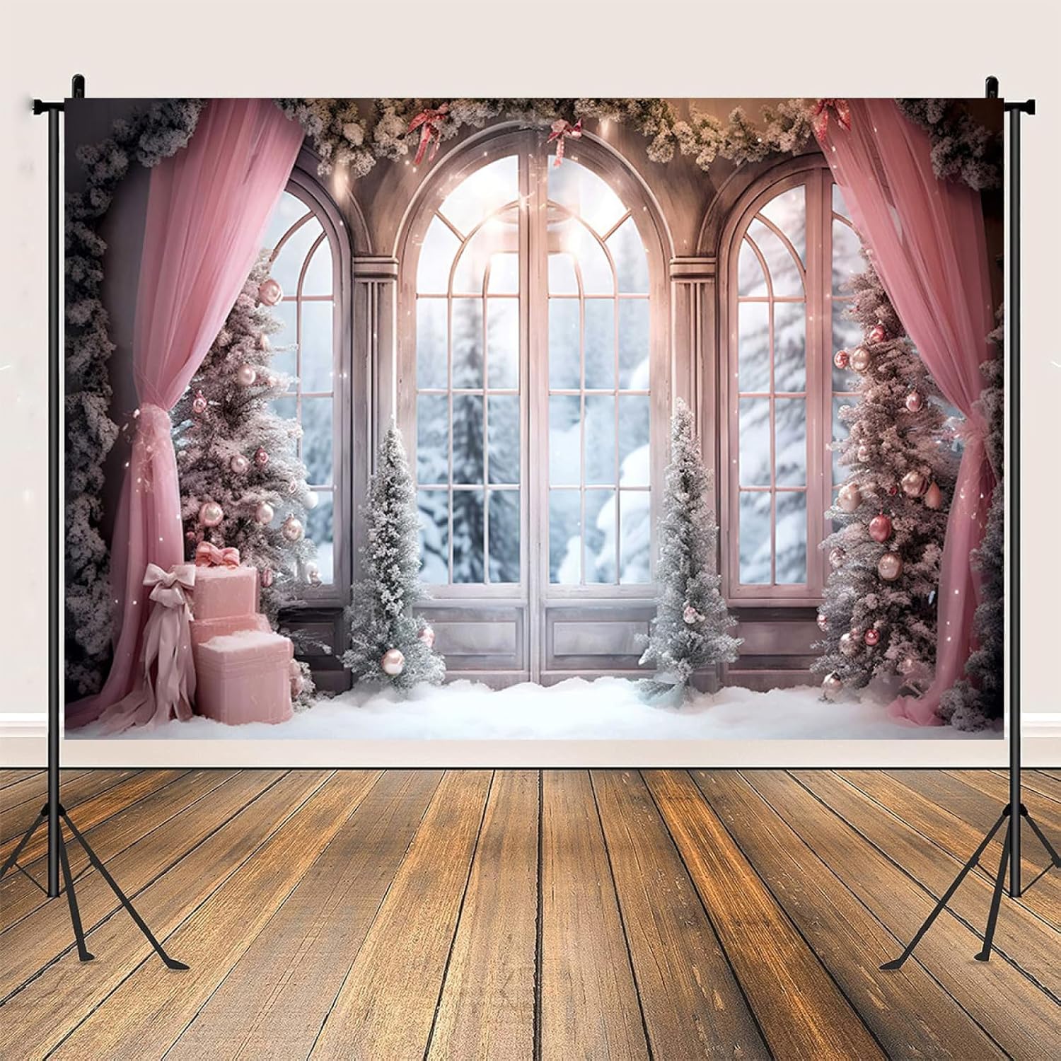 Cortina rosa de invierno, fondo fotográfico de Navidad, invierno, nieve, bosque, ventana, fondo de fotografía, decoración de fiesta familiar, baby
