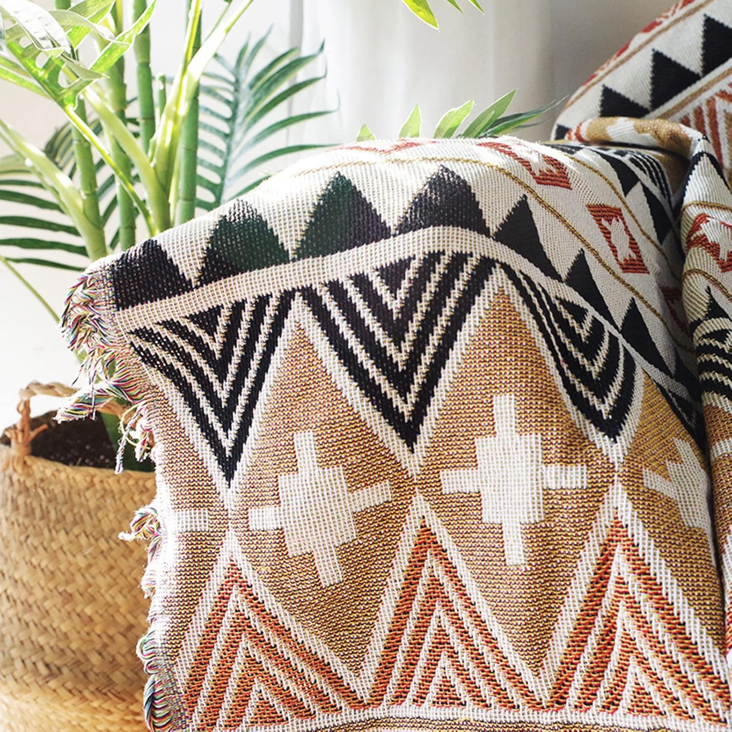 Luxlovery Manta bohemia para sofá, tejida étnica, estilo granja, bohemio, para sofá, color negro, blanco y naranja, multicolor, azteca, manta de