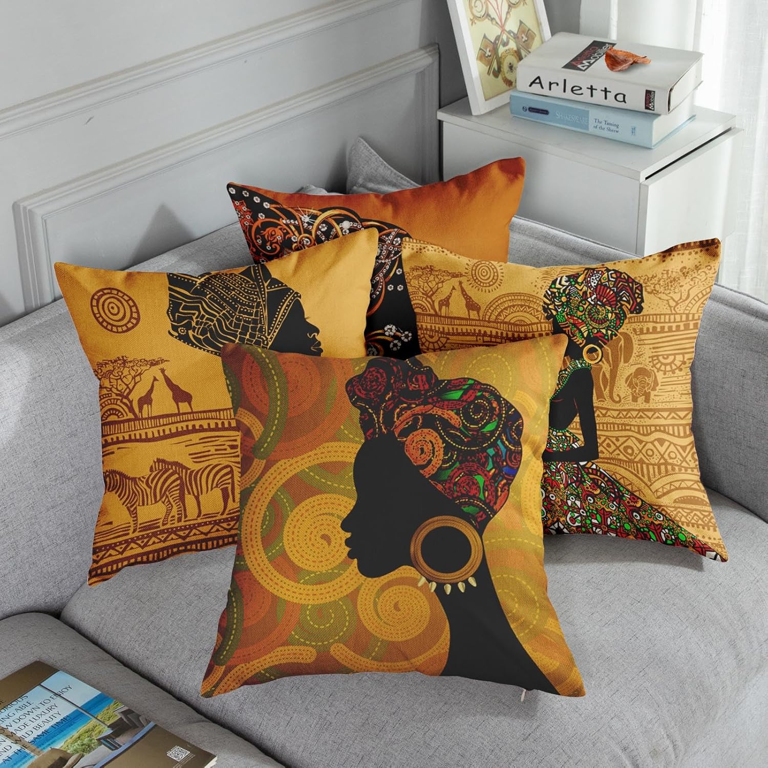 Juego de 4 fundas de almohada decorativas para decoración del hogar, diseño de animales tribales afroamericanos, 18 x 18 pulgadas, fundas de