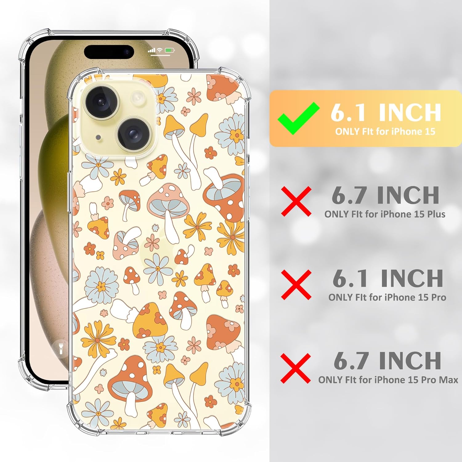 Funda transparente con diseño floral de hongos hippie retro diseñada para iPhone 15, diseño bohemio de hongos y flores, a la moda para niñas y