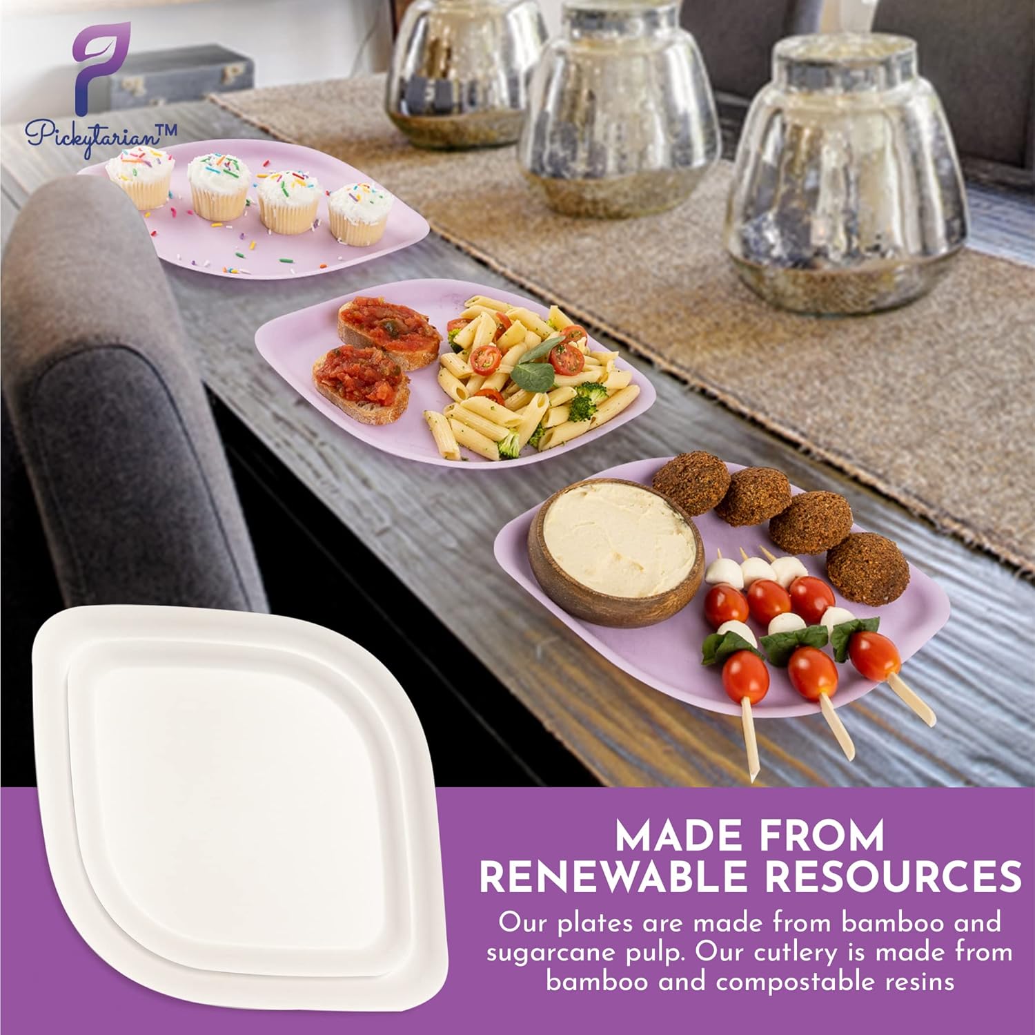 Platos desechables de color morado elegante para fiestas y eventos de boda  Juego de 50 platos y cubiertos de bambú de primera calidad (10 de cada