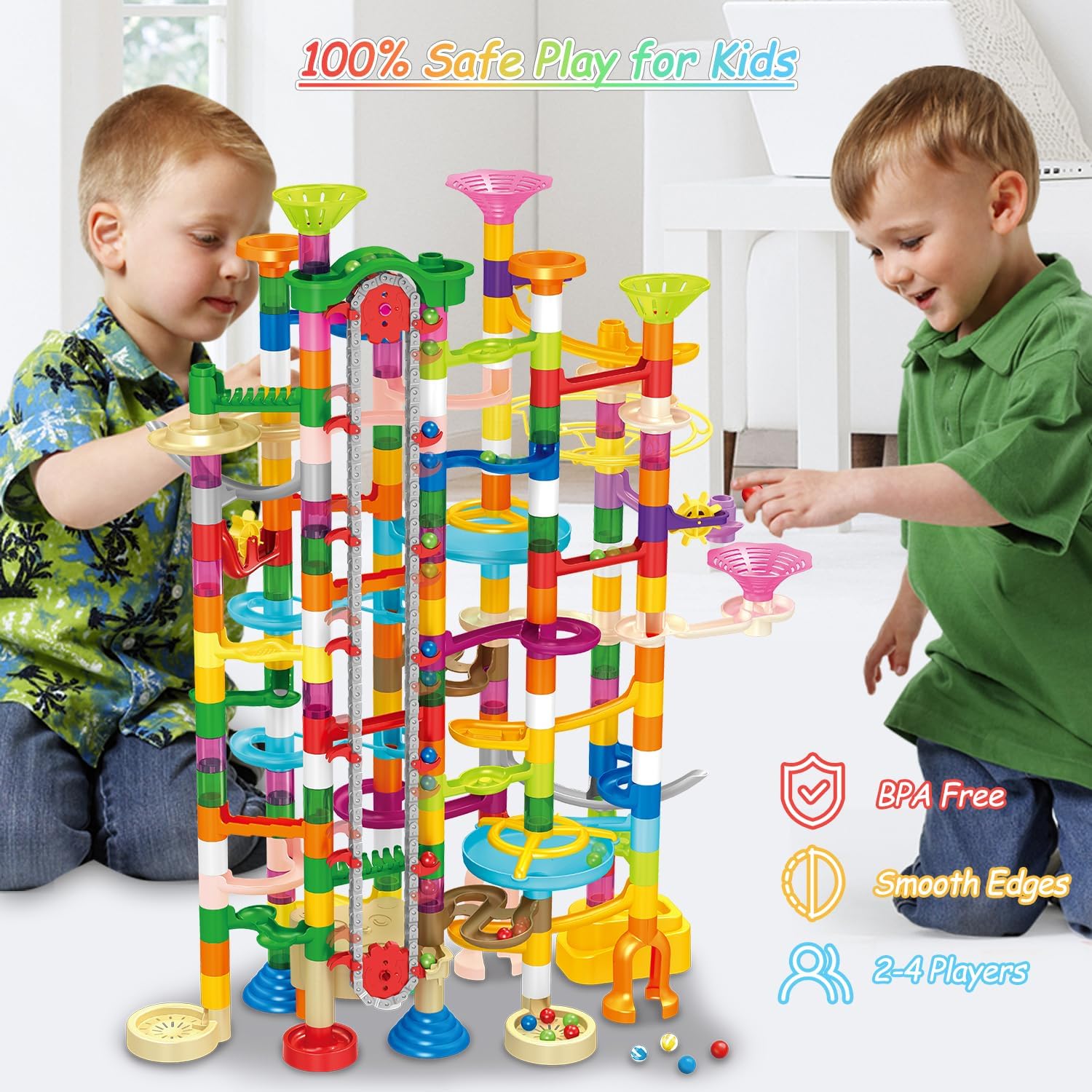 Marble Run con elevador motorizado, 310 piezas de bloques de construcción de juegos de laberinto, juguetes con canicas de plástico brillantes de