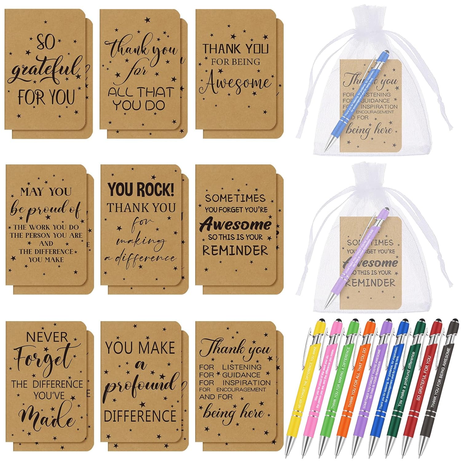 Teling Juego de 18 regalos de agradecimiento a los empleados, cuadernos de agradecimiento a granel, bolígrafos y bolsa de organza, regalos