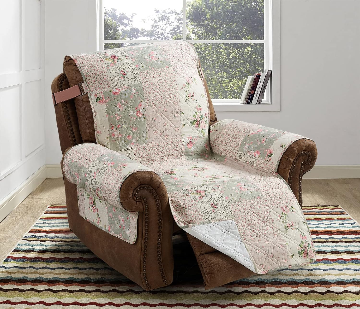 Brilliant Sunshine Funda reclinable acolchada tradicional de rosa y salvia, 26 pulgadas de ancho de asiento, protector de muebles antideslizante,