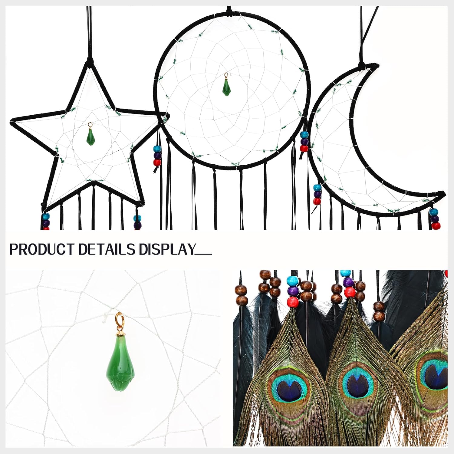 FeelfunFeather 3 piezas de atrapasueños negros tradicionales con diseño de luna, sol, estrella y plumas negras y de pavo real para niños para colgar