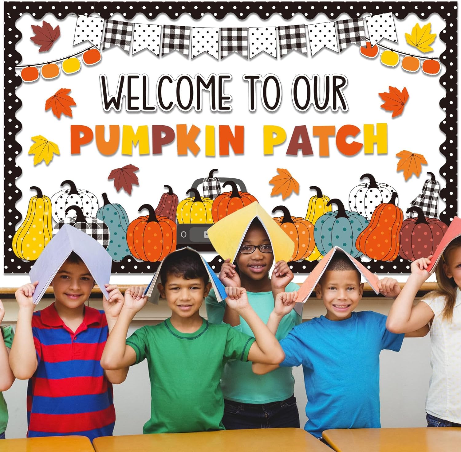 Juego de tablón de anuncios de calabaza de otoño, recortes de papel de Acción de Gracias, borde de pizarra, bordes de calabaza, decoración de aula,
