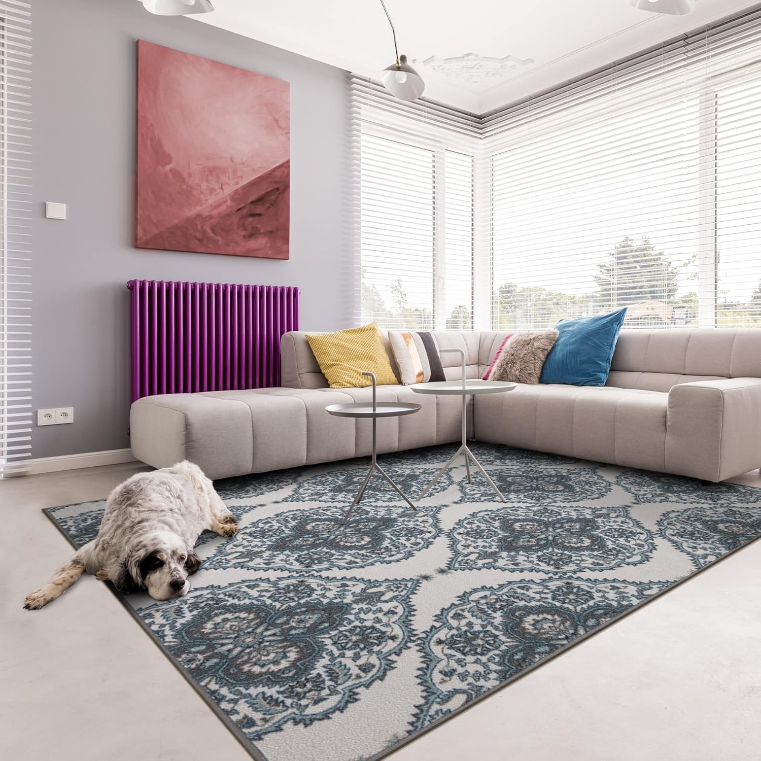 Ottomanson Ottohome Collection – Alfombra antideslizante de goma con diseño marroquí moderno de 5 x 7 pies, 5 x 6 pies 6 pulgadas, color blanco roto