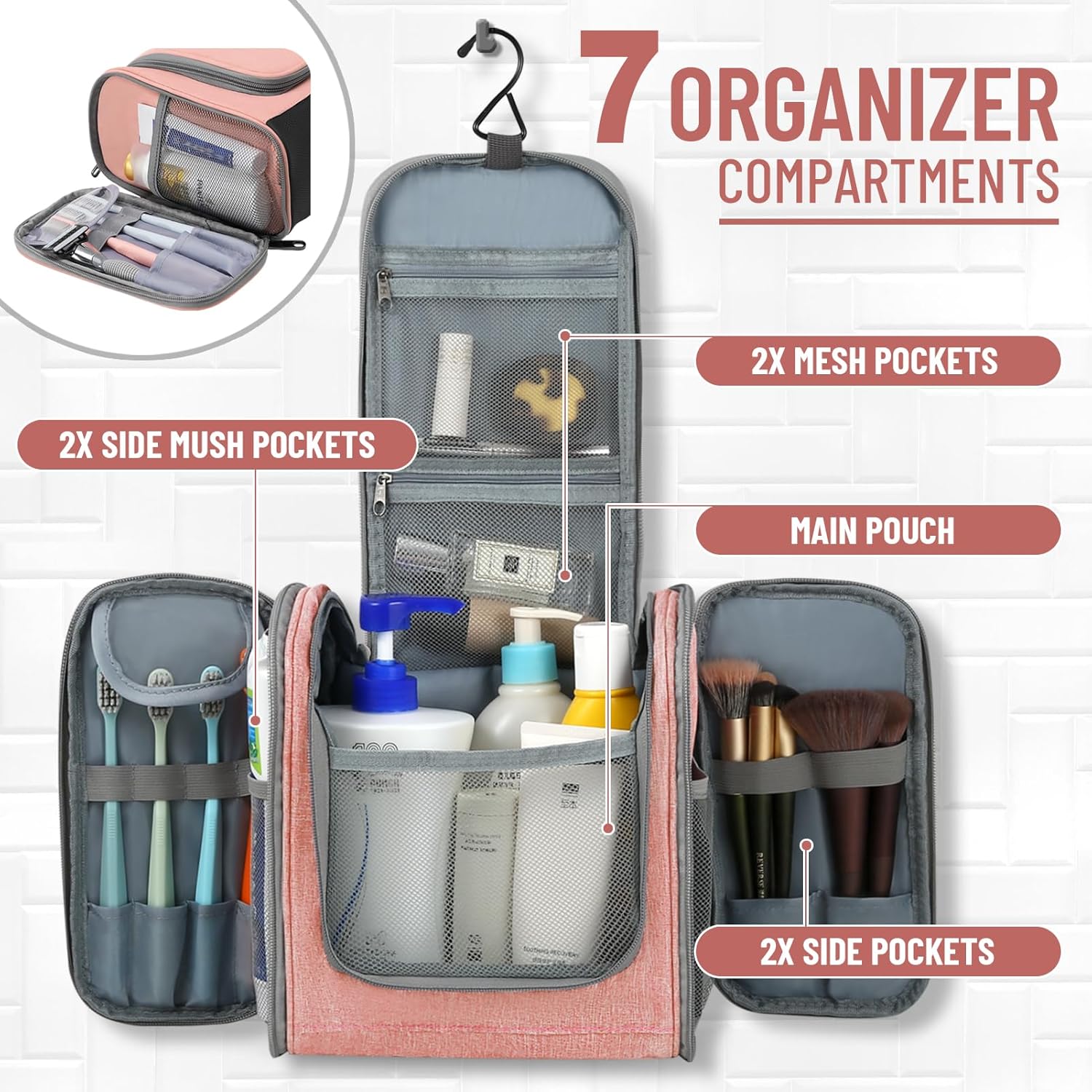 WOOMADA Neceser de aseo para mujer, resistente al agua, bolsa de maquillaje con gancho colgante de metal, 7 compartimentos organizadores, bolsa