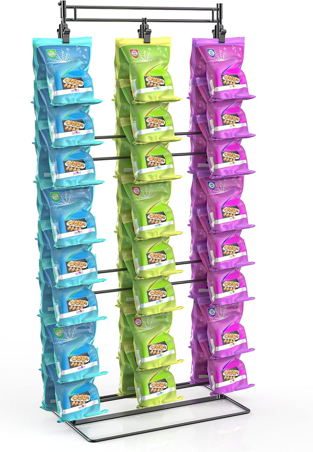 Eazy2hD Estante de patatas fritas mejorado con 54 clips, soporte de chips de 3 filas para fiestas, soporte para bolsas de chips de encimera,