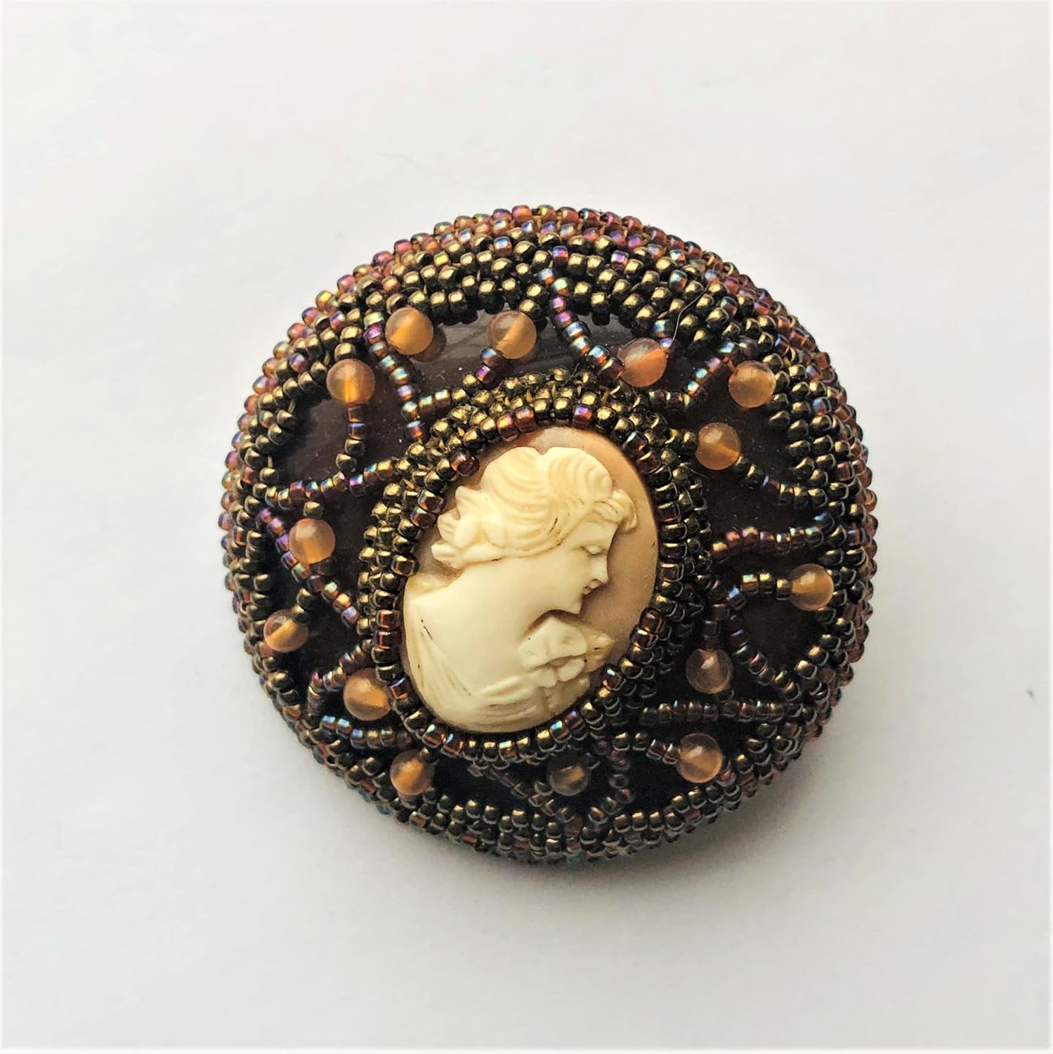 Victorian Genuine Cameo Brooch Embroidered OOAK Beadwoven Coffee Mocha Bronze Ladies of Style Gift