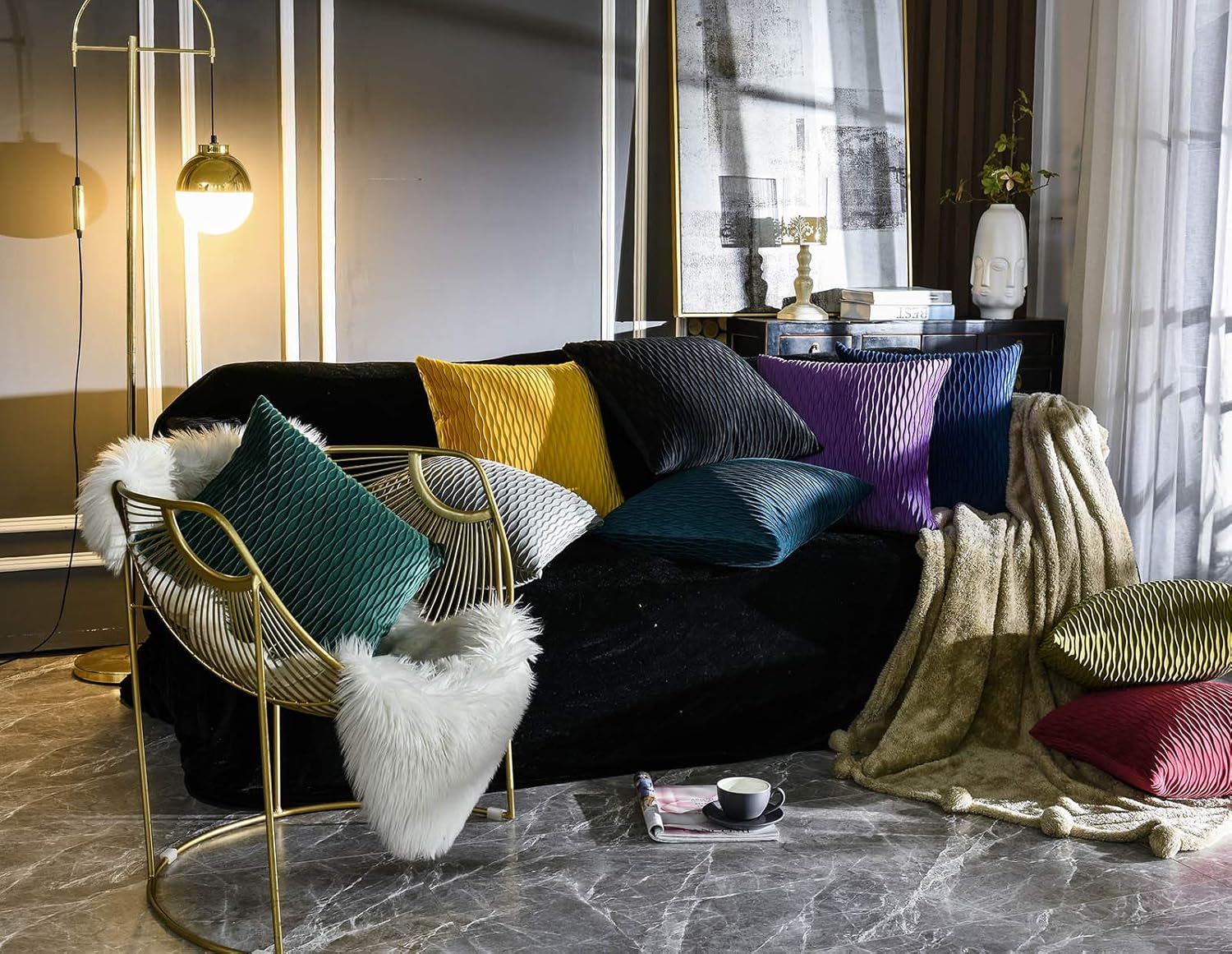 JUSPURBET – Fundas de almohada de terciopelo decorativas con rayas onduladas, paquete de 2 fundas de cojín suaves de lujo para sofá y sala