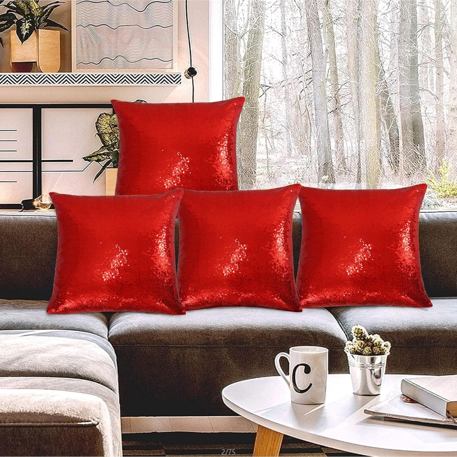 SquarePie Juego de 4 fundas de almohada de lentejuelas, 18 x 18 pulgadas, fundas de almohada decorativas rojas, fundas de cojín cuadradas brillantes