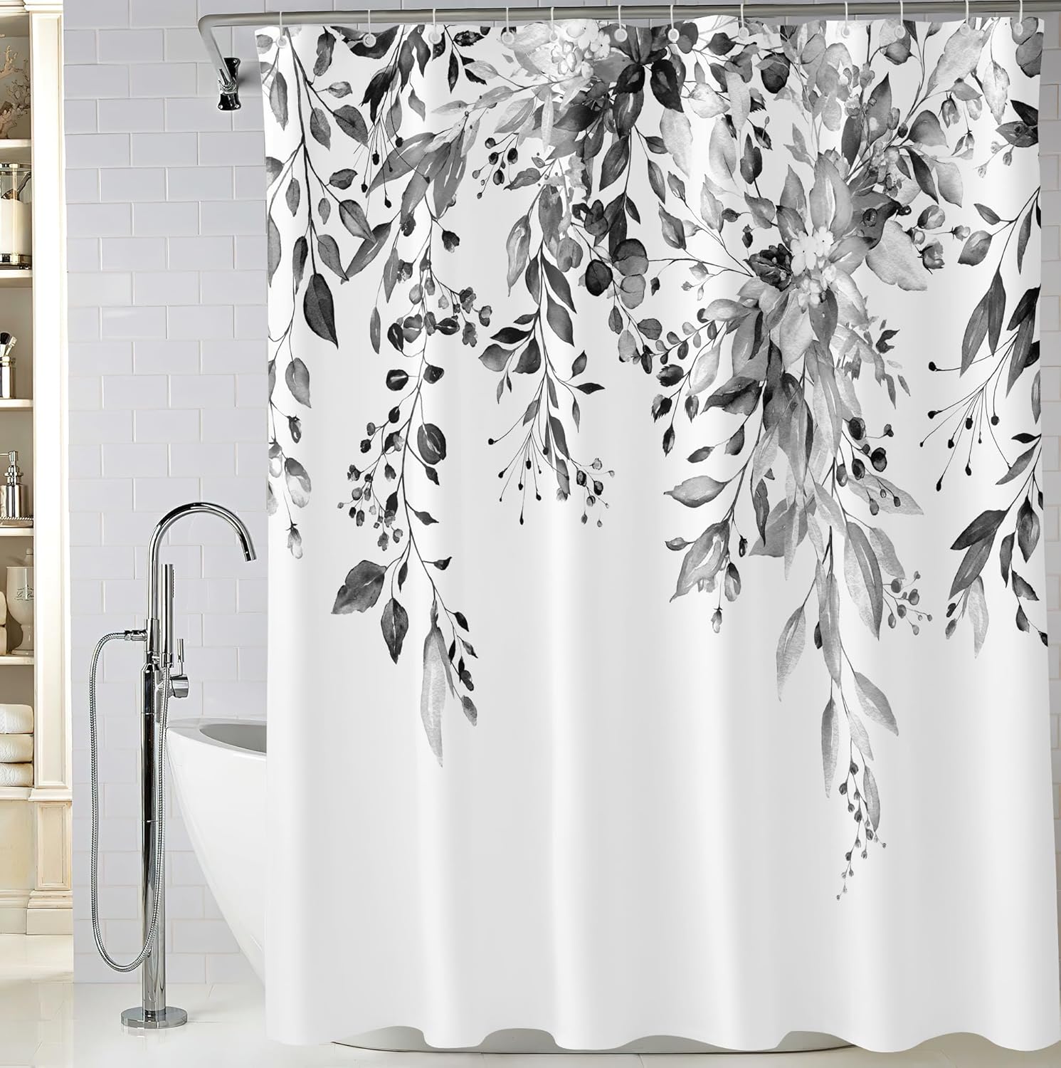 BIVINAR Cortina de ducha de hojas de eucalipto en blanco y negro, cortina de ducha de baño con plantas de acuarela, cortina de ducha botánica