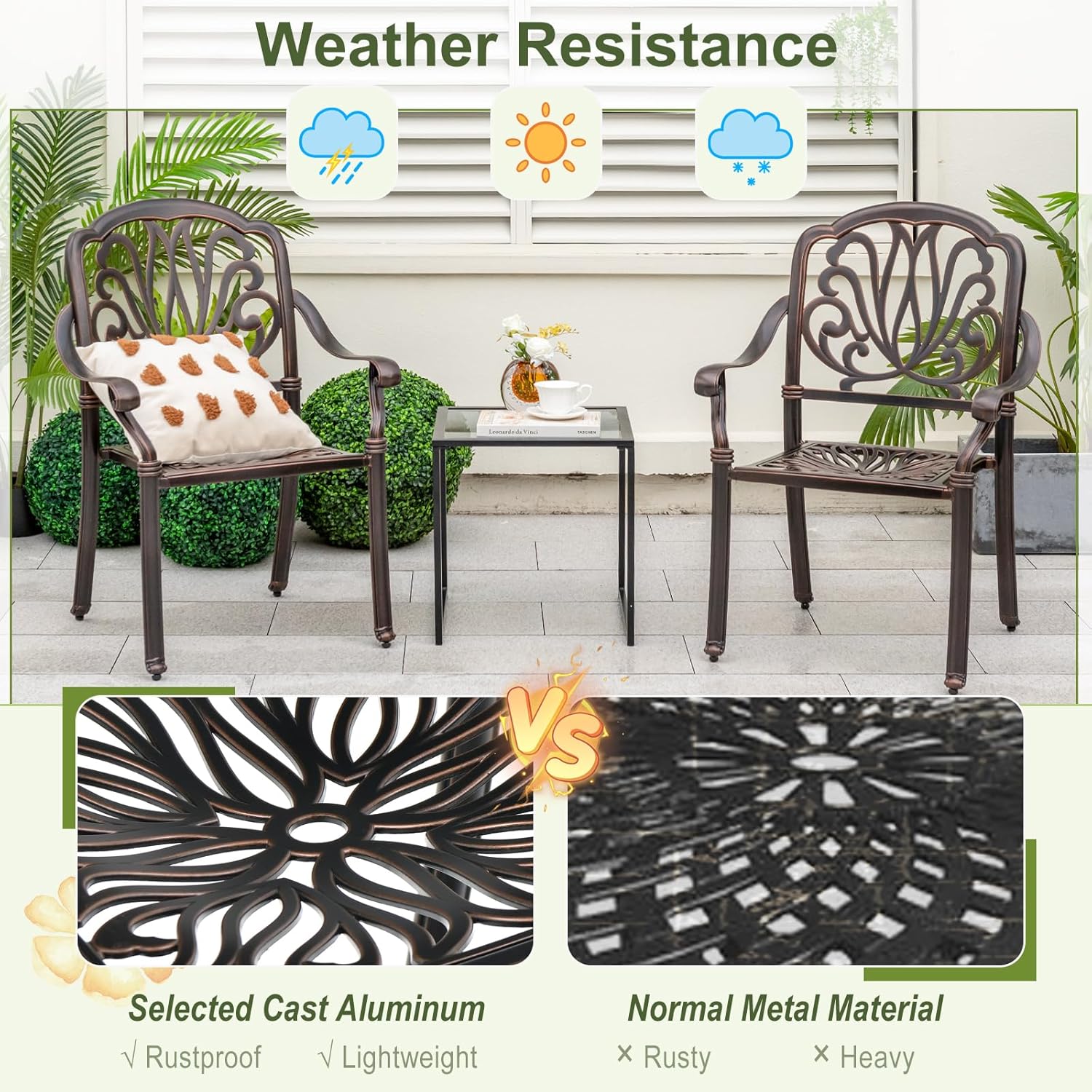 Tangkula Juego de 2 sillas de comedor de aluminio fundido para patio, sillas de comedor apilables al aire libre con reposabrazos, sillas de bistró