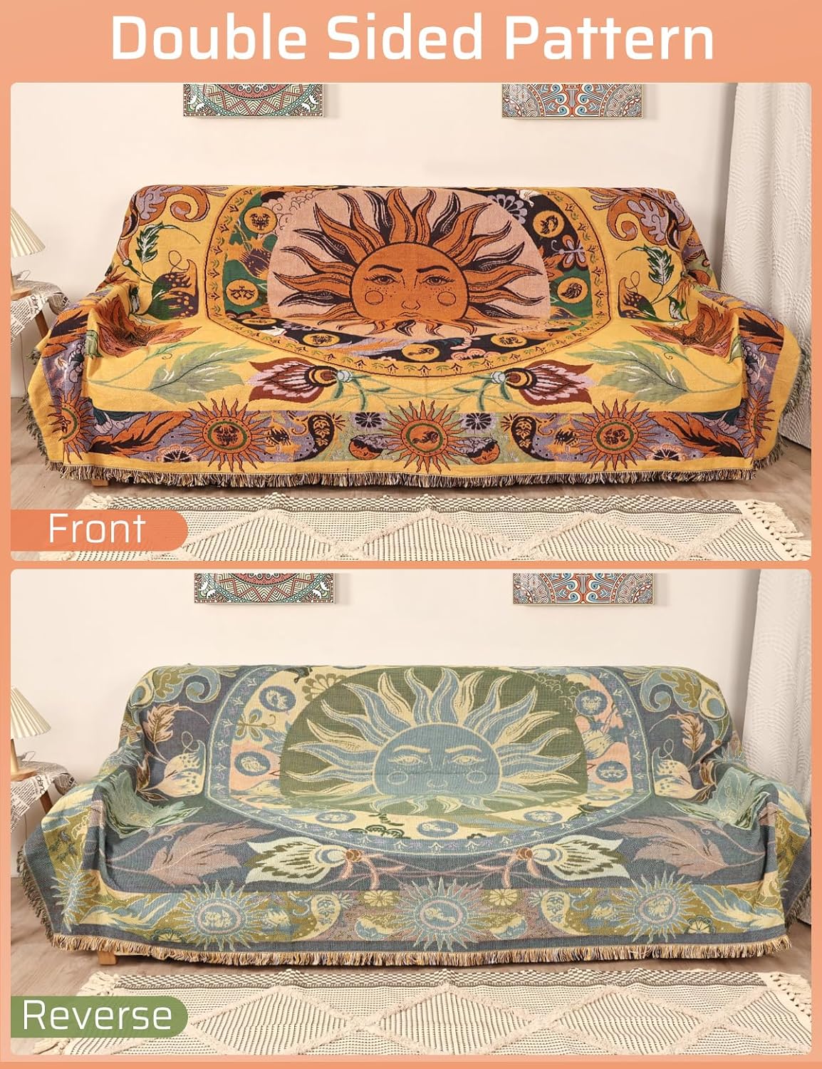 Shesyuki Manta bohemia para cama, sofá, reversible, de algodón, bohemio, para viajes, bohemio, manta de muselina mexicana, tapiz hippie para