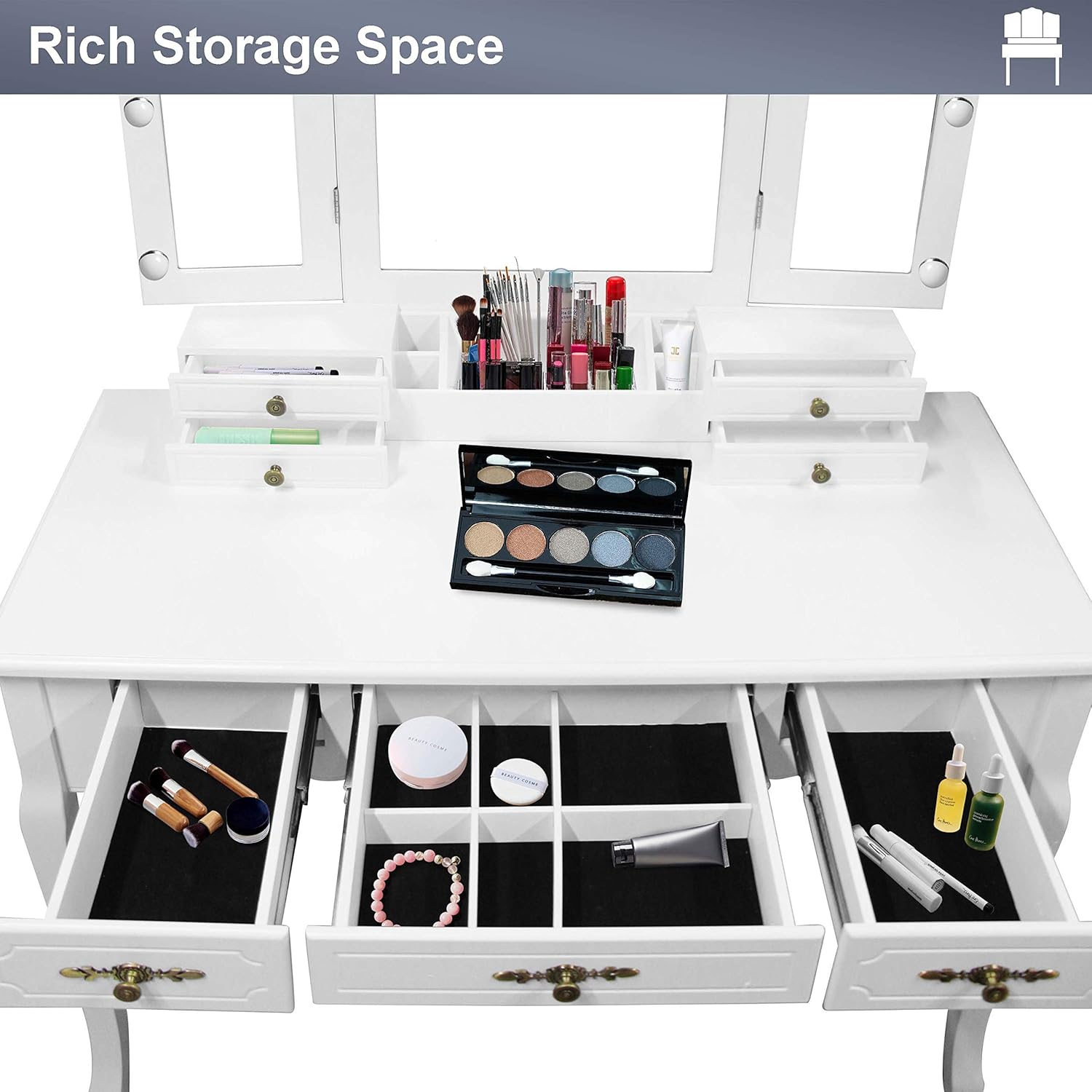 ENSTVER Vanity Beauty Station, espejos plegables, 6 organizaciones, 7 cajones, mesa de maquillaje con taburete acolchado, color blanco