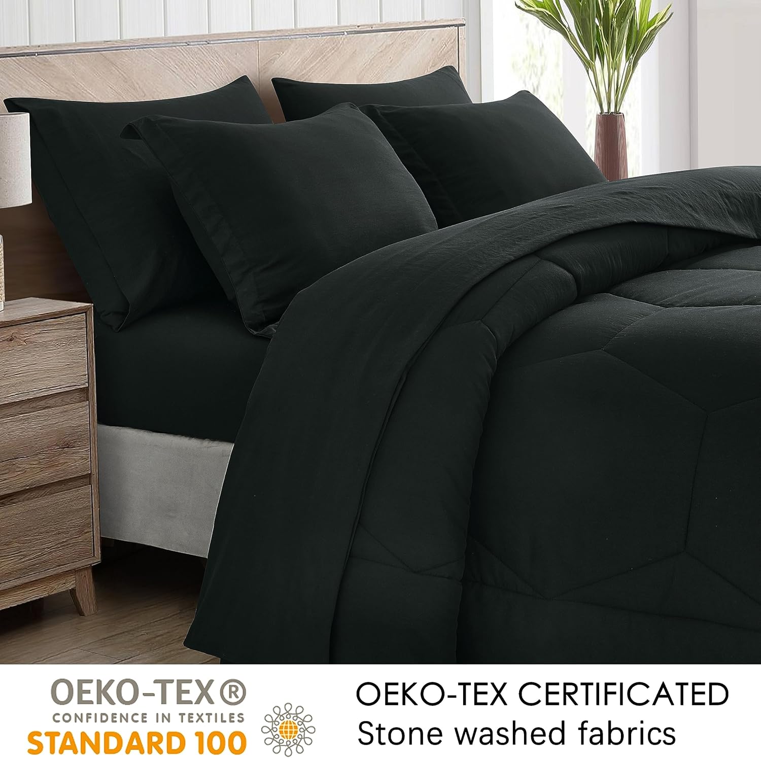Chezmoi Collection Piper – Juego de cama matrimonial en una bolsa, 7 piezas con diseño geométrico de panal de abeja, acolchado de microfibra lavada