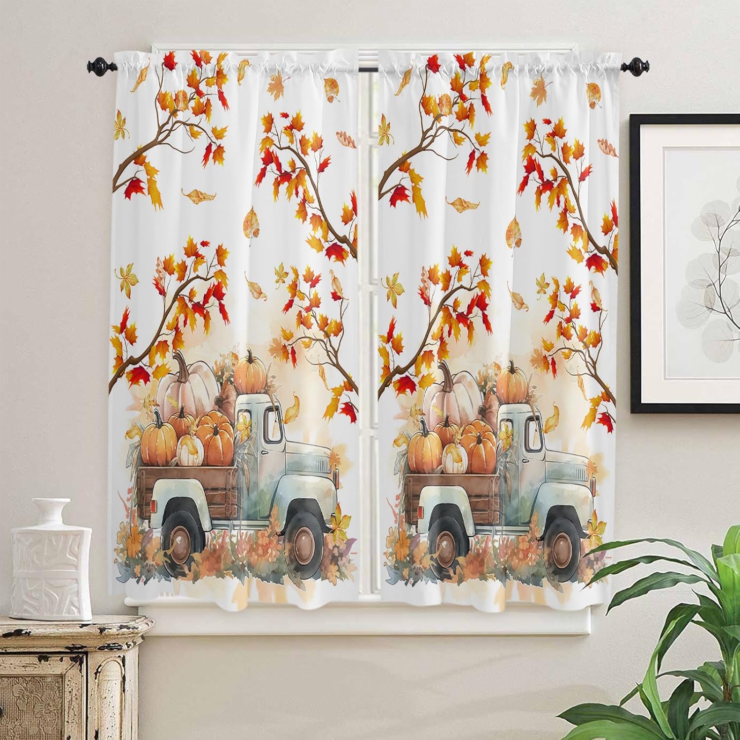 Cortinas de cocina de Acción de Gracias de 45 pulgadas de largo, cortinas de ventana con bolsillo para cortinero de calabaza, camión, ramas de