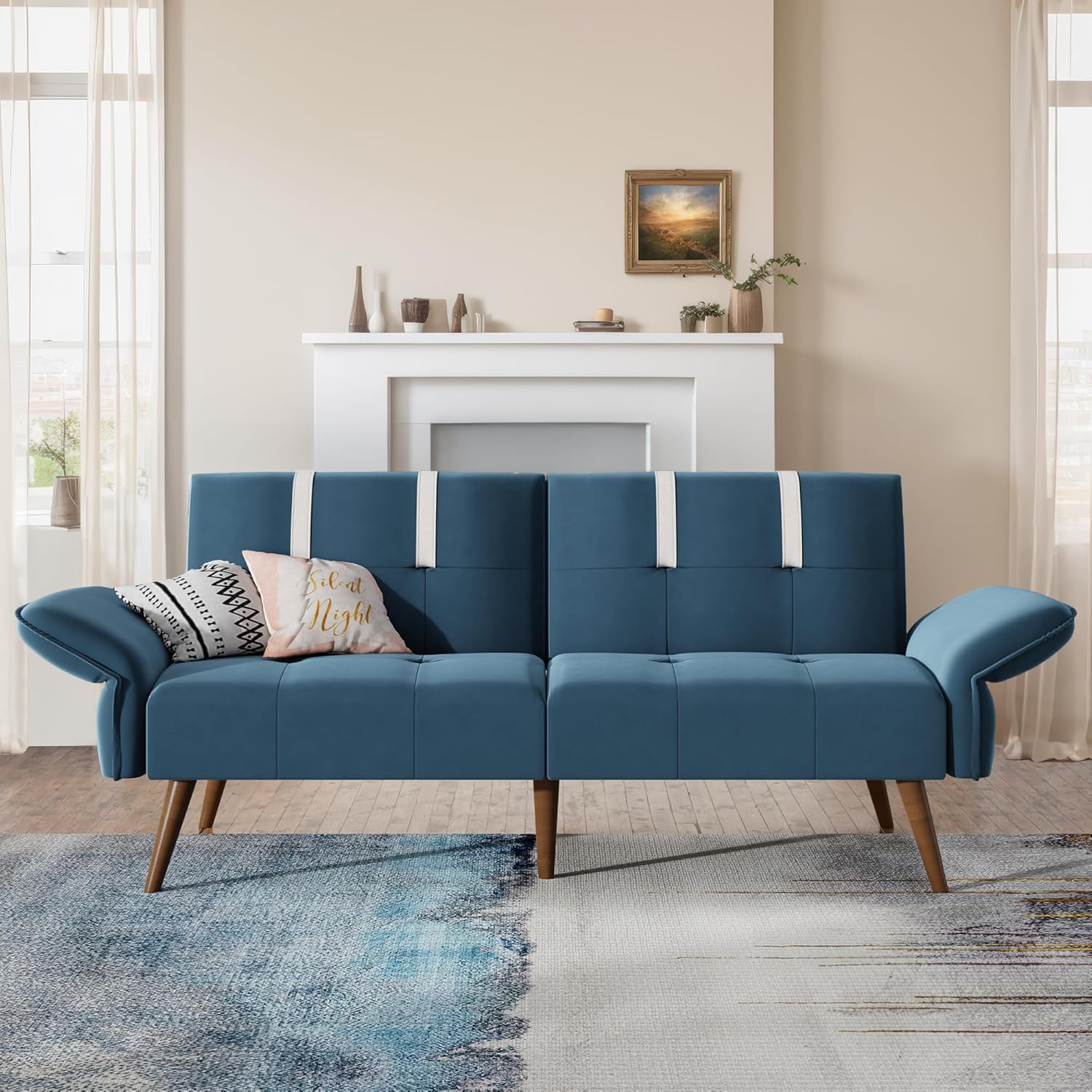 JAMFLY Sofá cama futón de terciopelo de 69 pulgadas, sofá cama convertible con reposabrazos y respaldo ajustables, moderno sofá biplaza para sala de