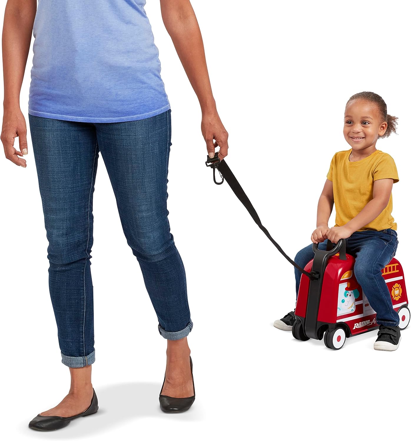 Radio Flyer Camión de bomberos Happy Trav’ler 3 en 1 con luces y sonidos, juguete para llevar, almacenamiento de mano para niños pequeños, edades de