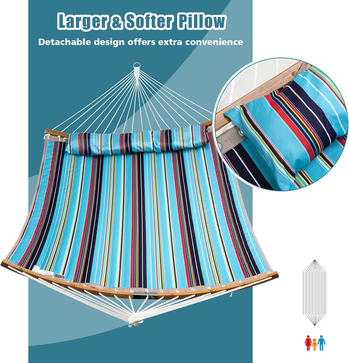 Giantex Hamaca con almohada desmontable para colgar al aire libre, hamaca de patio con barra separadora de bambú curvada, cadena de acero, hamaca