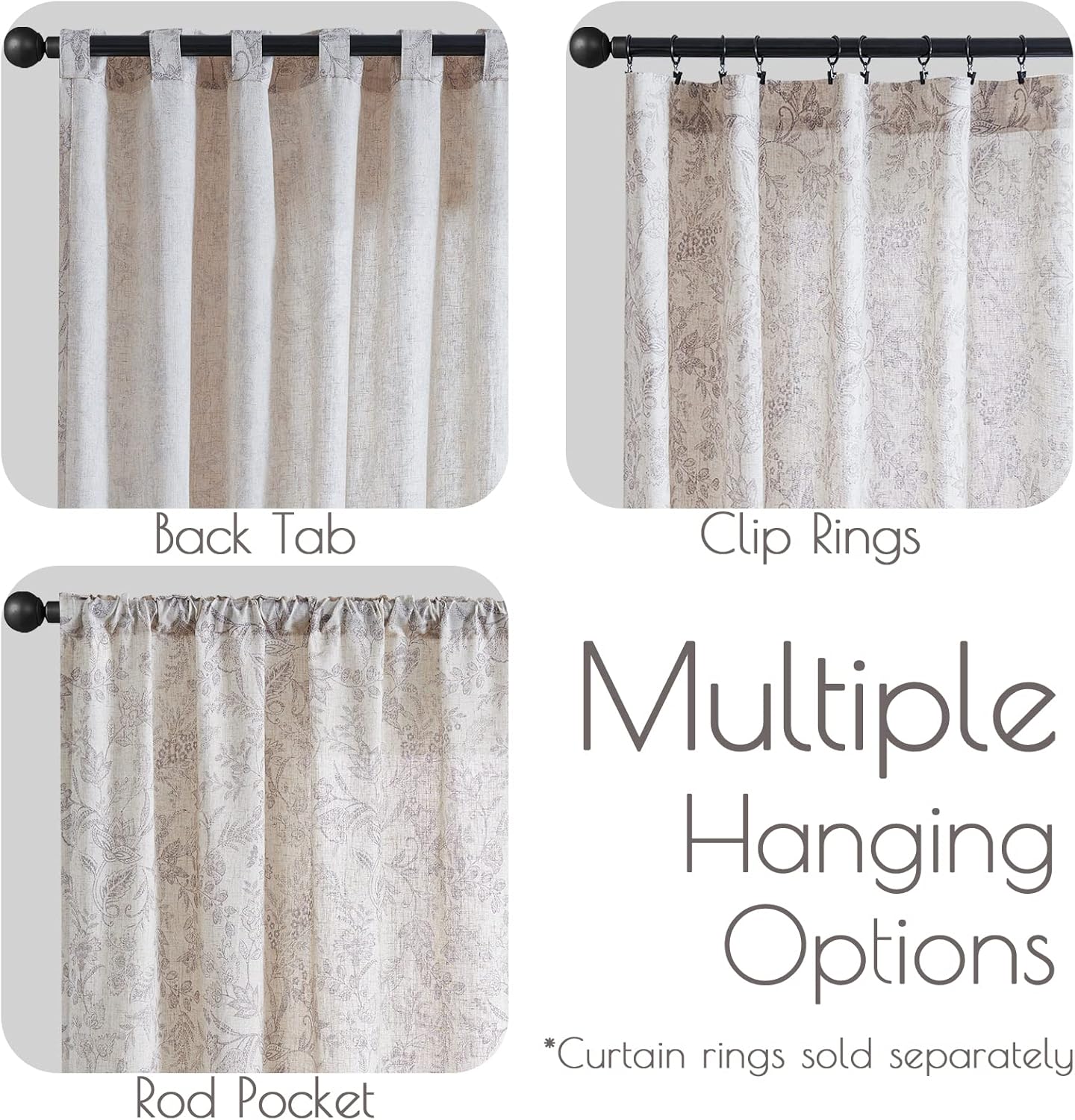 Lazzzy Cortinas de lino con estampado floral gris de 96 pulgadas de largo, cortinas con pestaña trasera para sala de estar y dormitorio, cortinas
