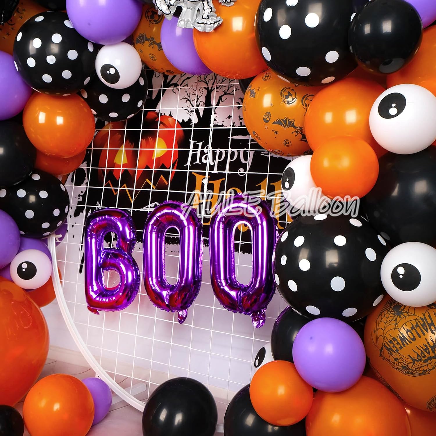 AULE Kit de arco de guirnalda de globos de Halloween de 141 piezas con mini esqueleto bailarín negro con ojos de gato negro, naranja, morado, negro,