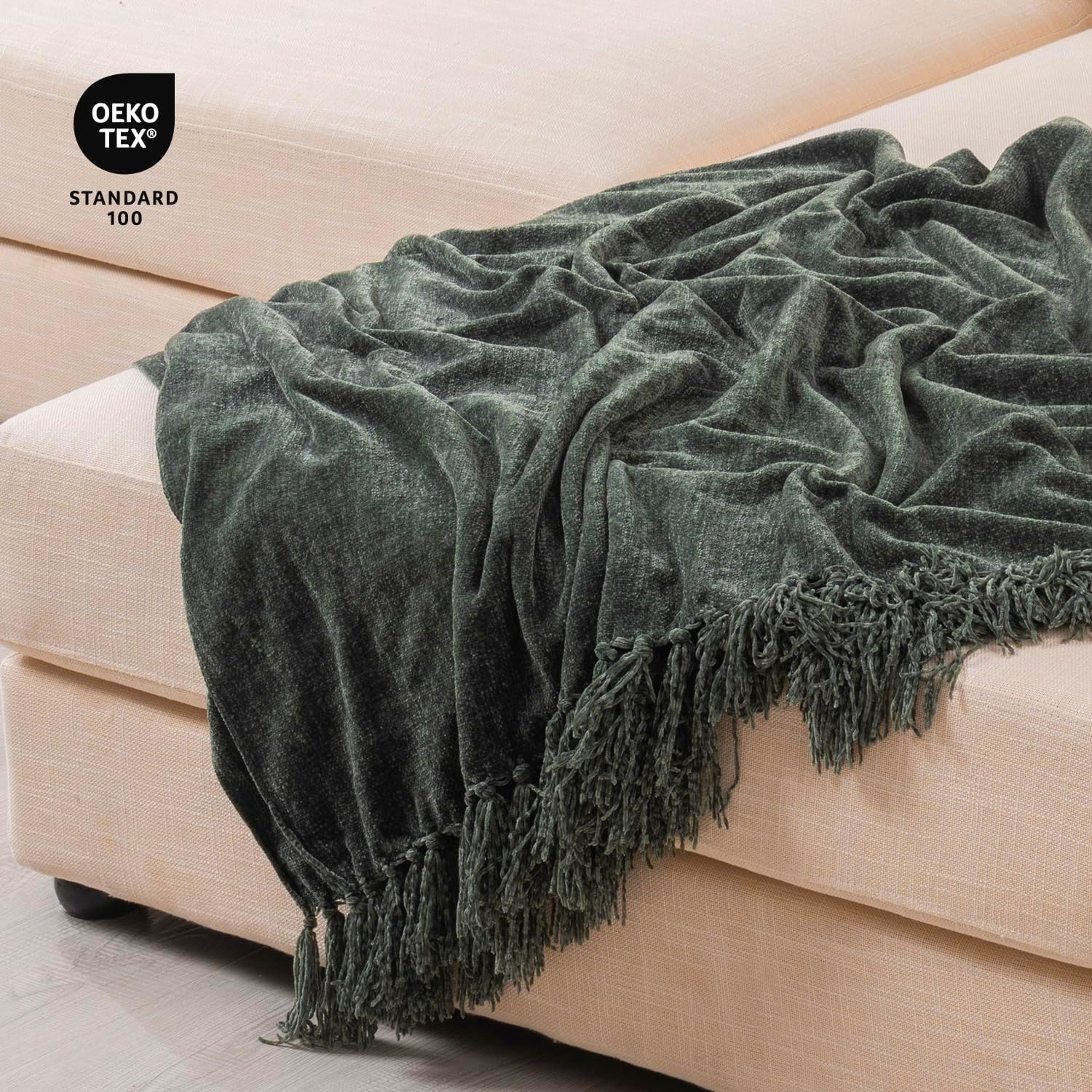 RECYCO Manta de chenilla suave y acogedora con borlas con flecos para sofá, silla, cama y sala de estar, regalo (verde oscuro, 50 x 60 pulgadas)
