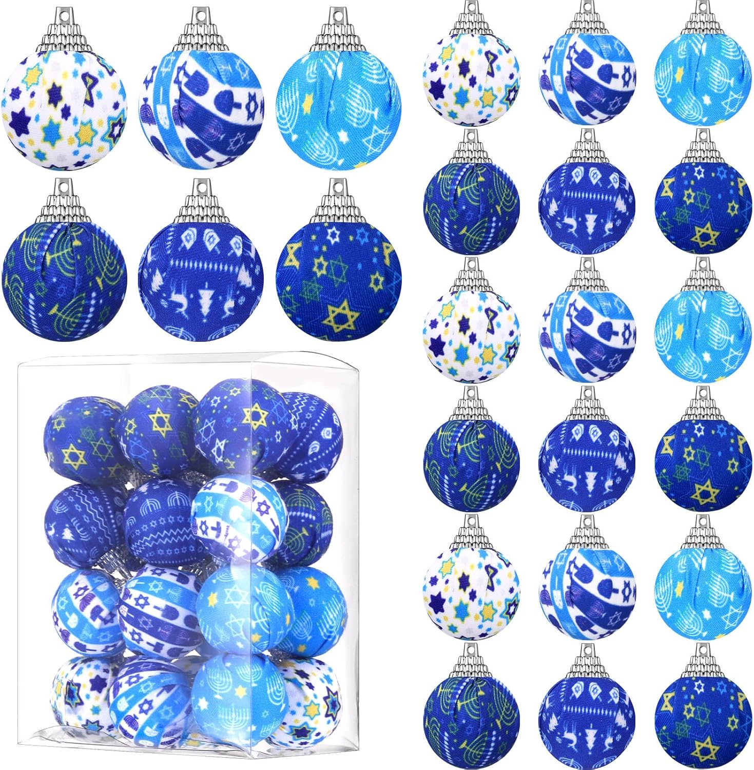 24 adornos de bola de Hanukkah, adornos de árbol de Hanukkah, adornos azules y blancos, decoración de árbol de Navidad para Hanukkah, fiesta de